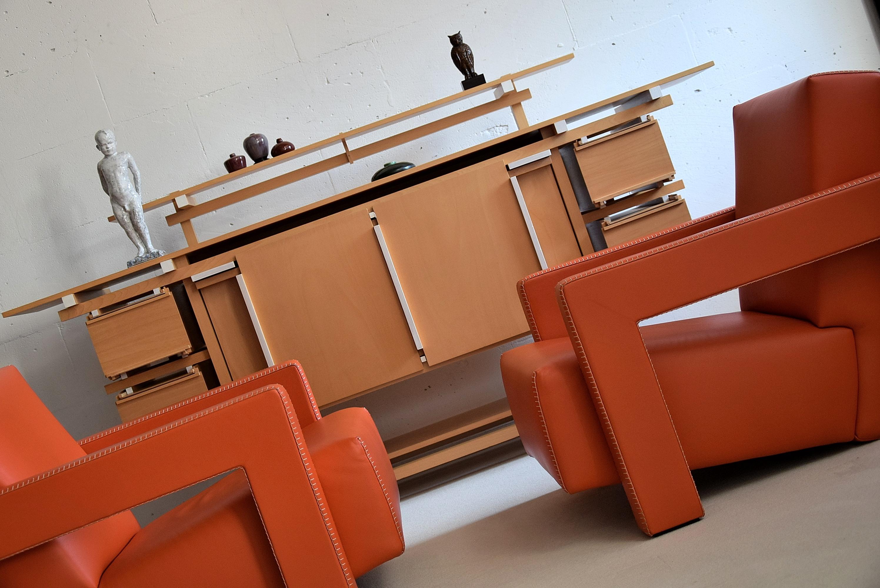 Hermes Orange Leather Utrecht Armchairs by Gerrit Rietveld In Good Condition In Weesp, NL