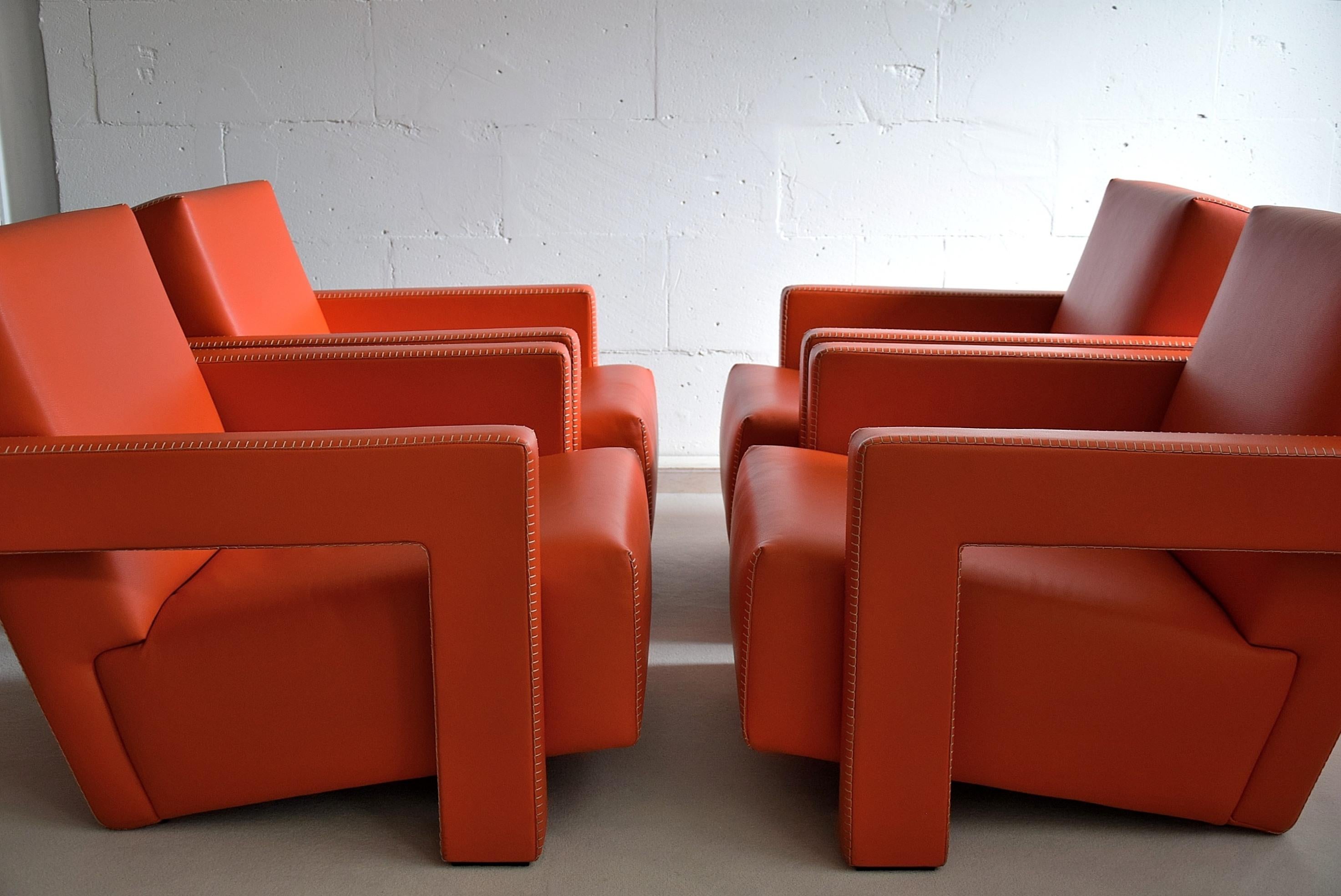 Mid-20th Century Gerrit Rietveld Leather Hermes Orange Utrecht Lounge Chairs