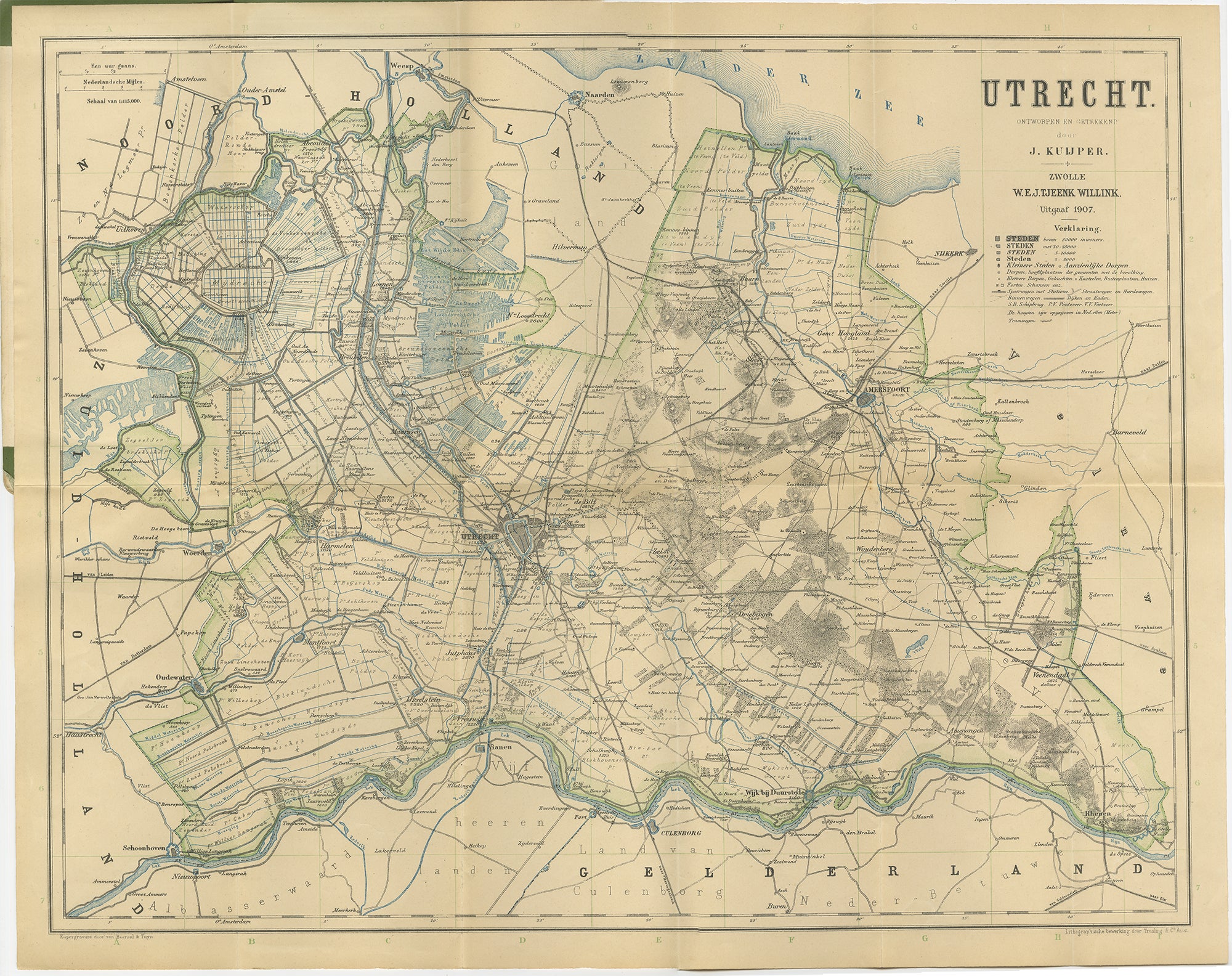 Utrecht Province Map 1907 – Antique Dutch Topographic Kuyper Lithograph For Sale