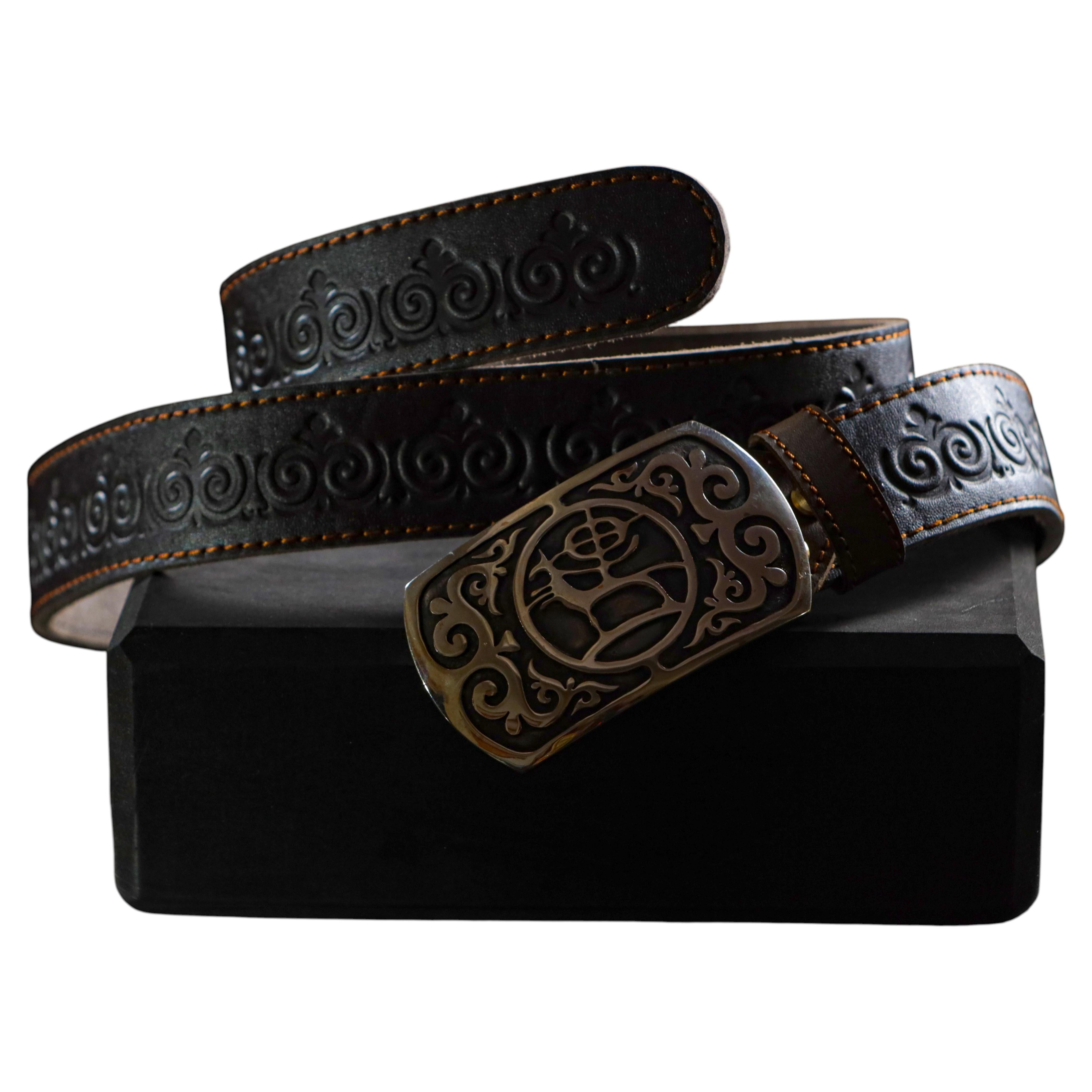 Utterly Rare Kyrgyzstan Eagle Hunters belt buckle and leather belt For Sale