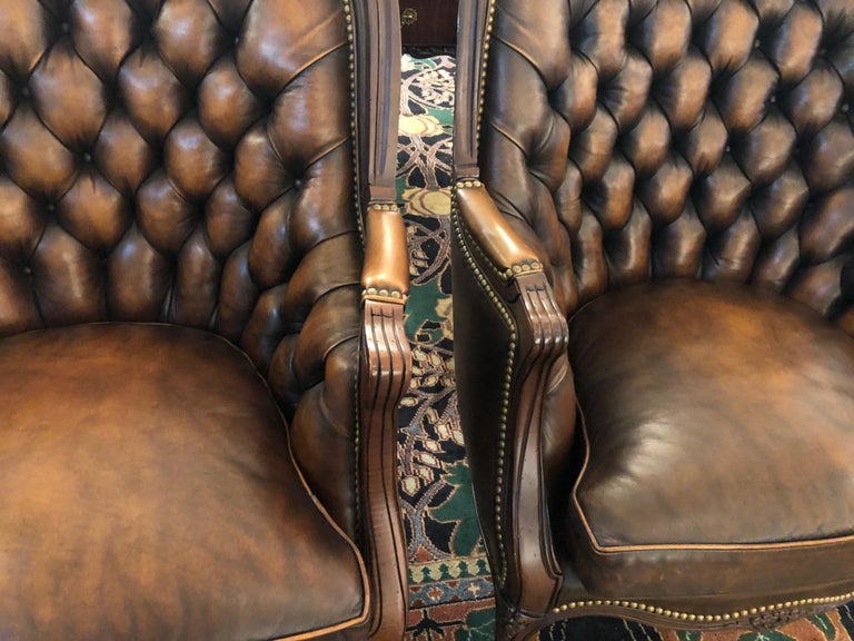 Utterly Sublime Pair of Tufted Burnished Leather Club Chairs at 1stDibs