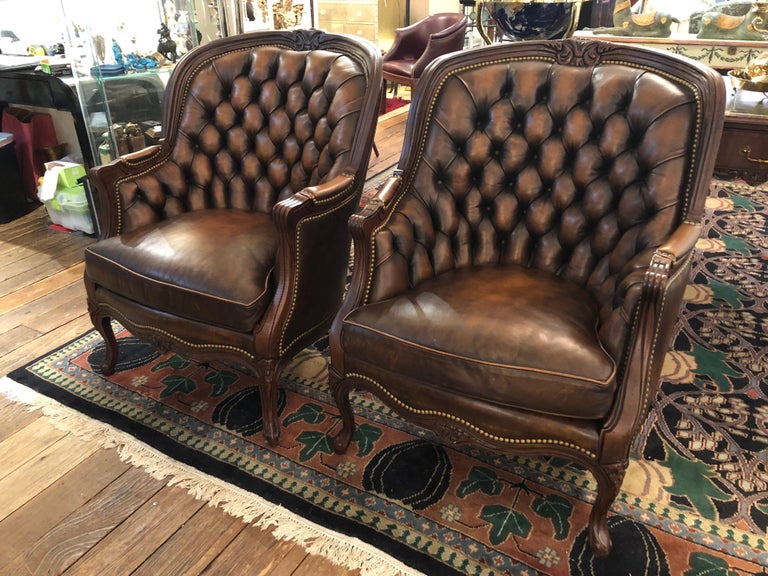 Utterly Sublime Pair of Tufted Burnished Leather Club Chairs at 1stDibs