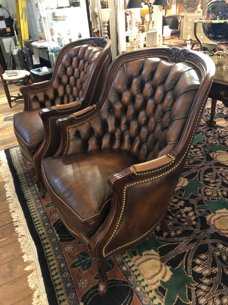 Utterly Sublime Pair of Tufted Burnished Leather Club Chairs at 1stDibs