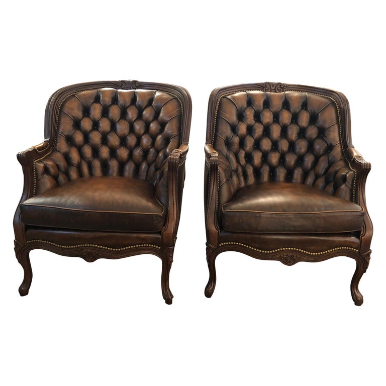 Utterly Sublime Pair of Tufted Burnished Leather Club Chairs at 1stDibs