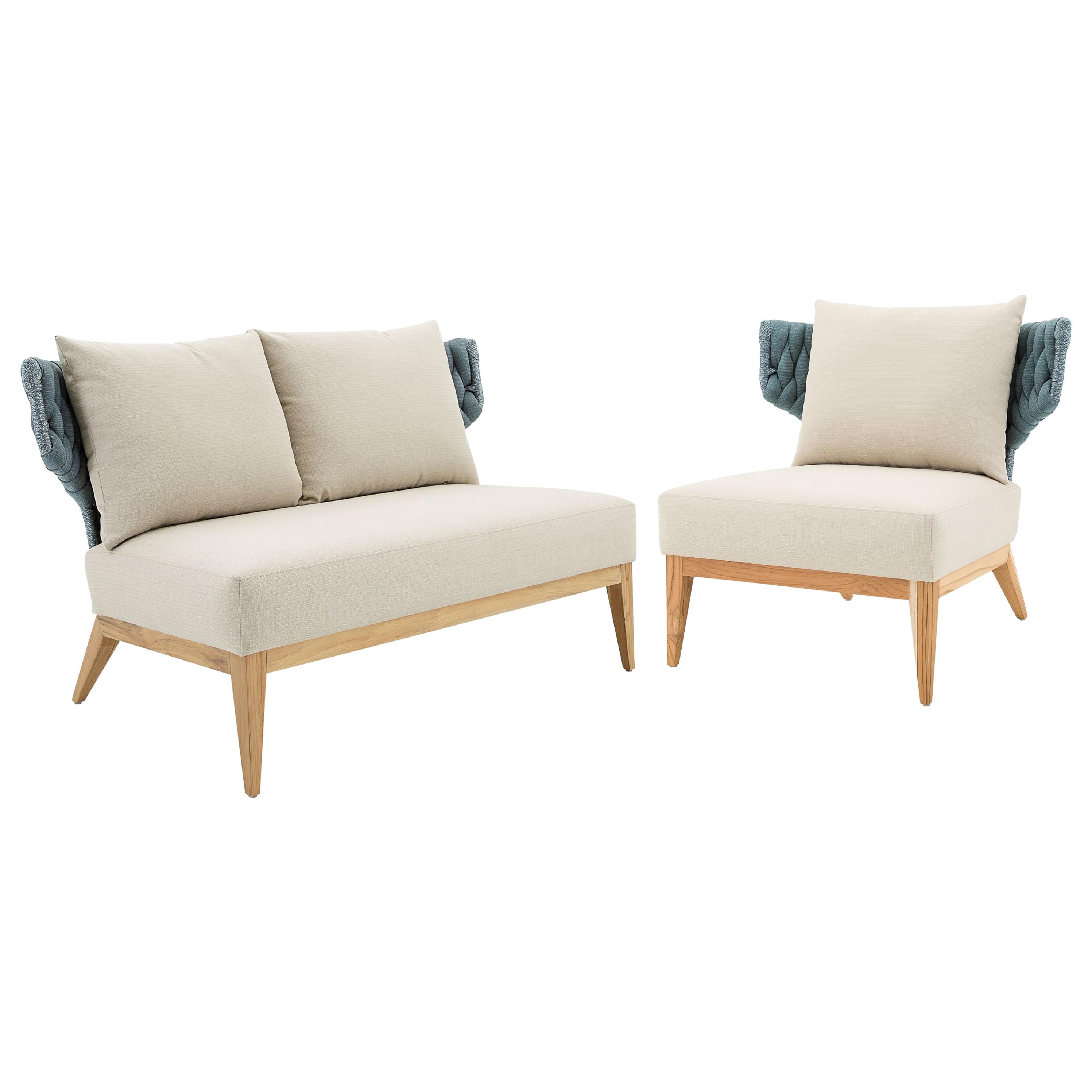 Beluga Outdoor Set with Loveseat and Armchair in Beige and Blue Fabric  For Sale