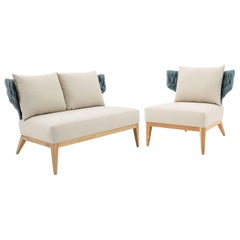 Beluga Outdoor Set with Loveseat and Armchair in Beige and Blue Fabric 