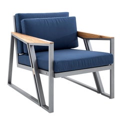 Loungesessel für den Außenbereich mit Gestell aus Teakholz und Graphit und blauem Stoff - Scalene Line