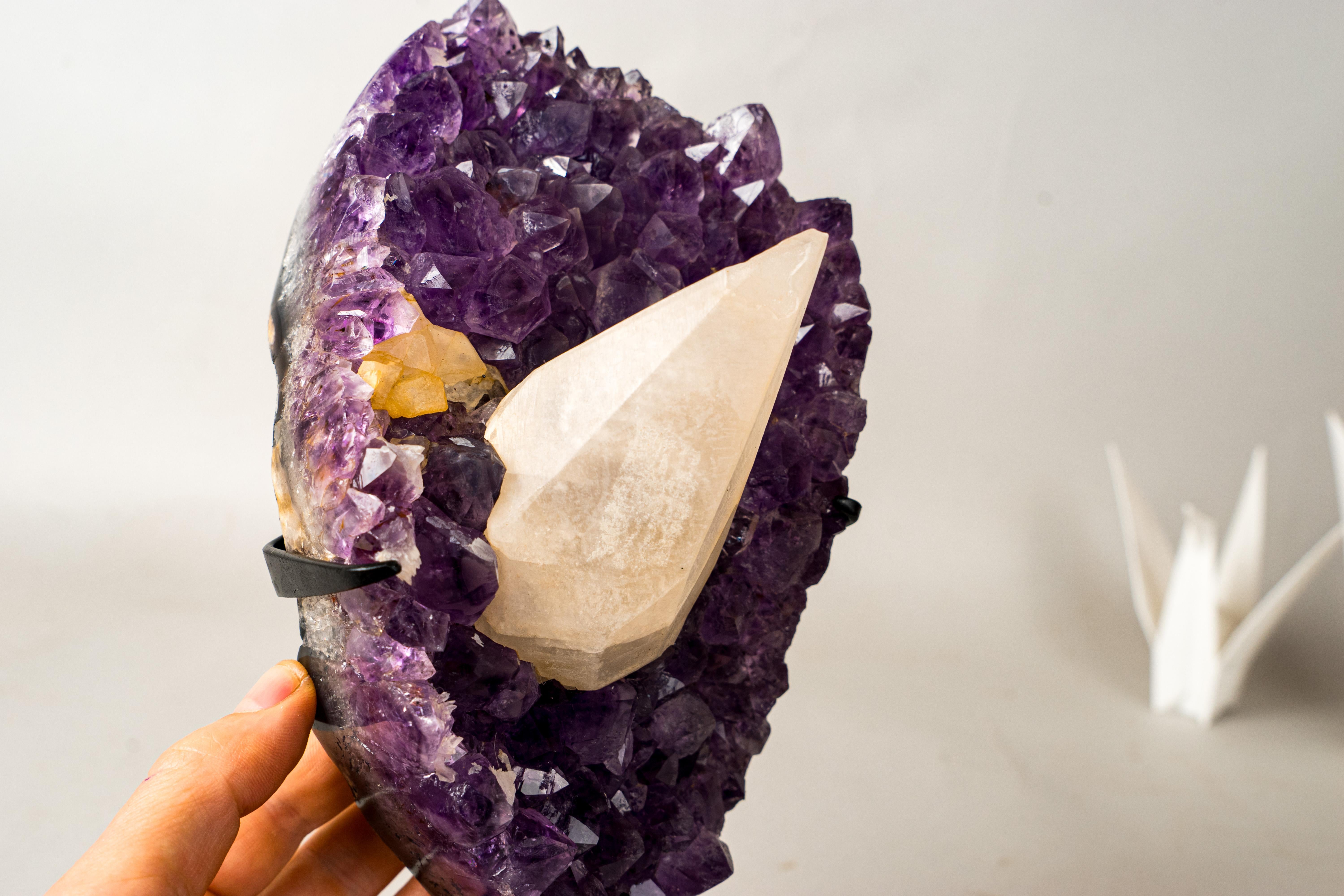 UV-Reactive Calcite on Brazilian Purple Amethyst Cluster For Sale 5