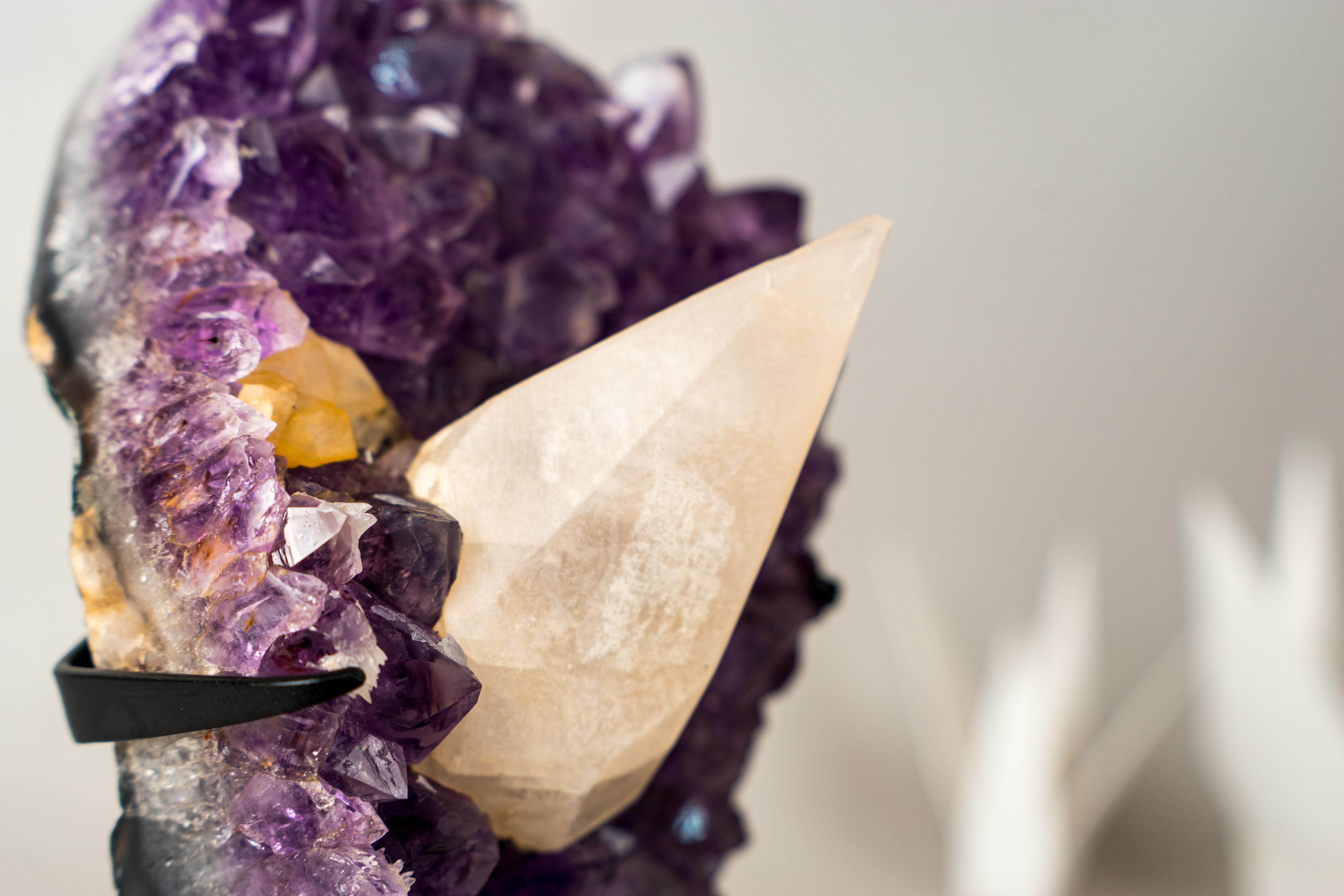 UV-Reactive Calcite on Brazilian Purple Amethyst Cluster For Sale 6