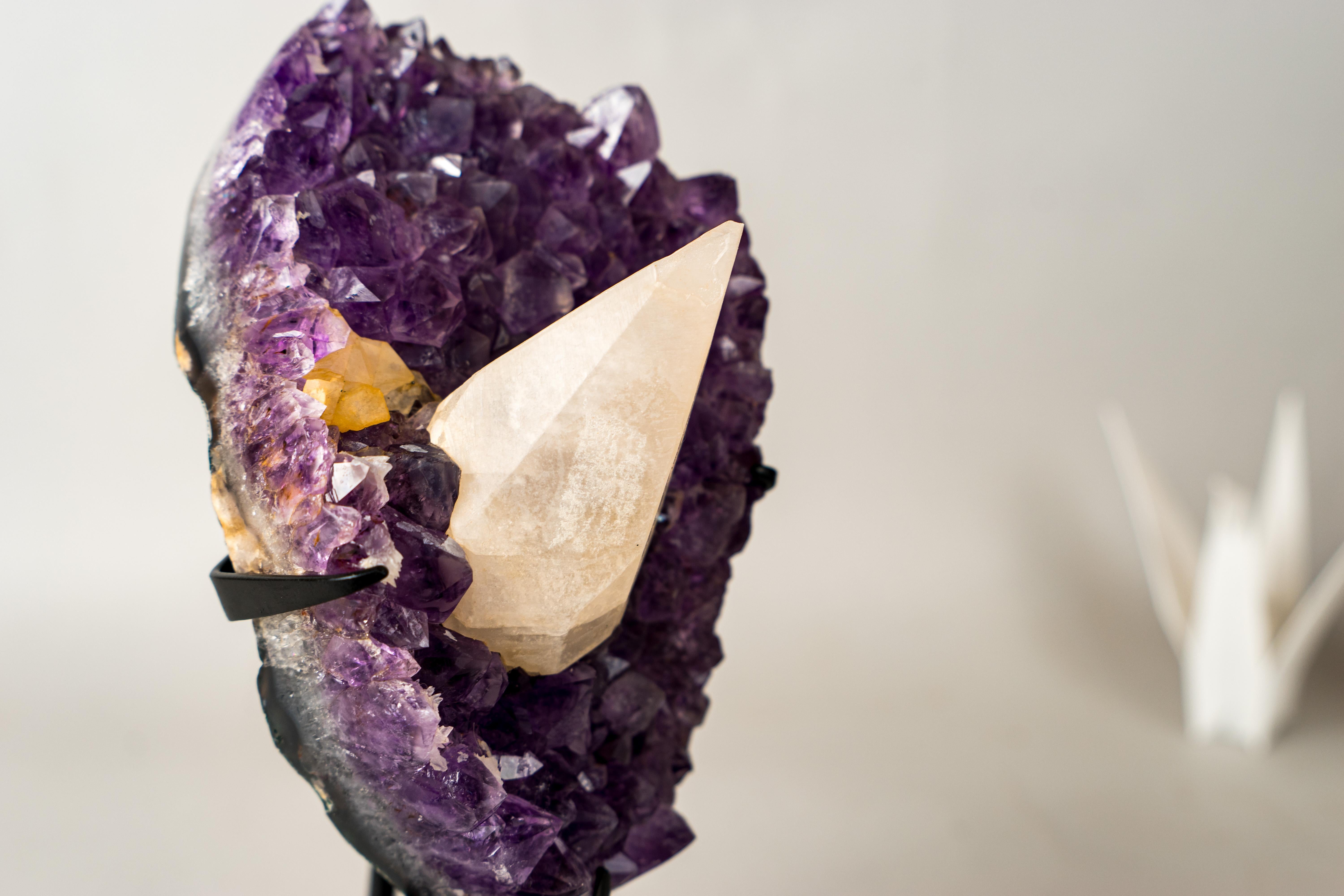 Contemporary UV-Reactive Calcite on Brazilian Purple Amethyst Cluster For Sale