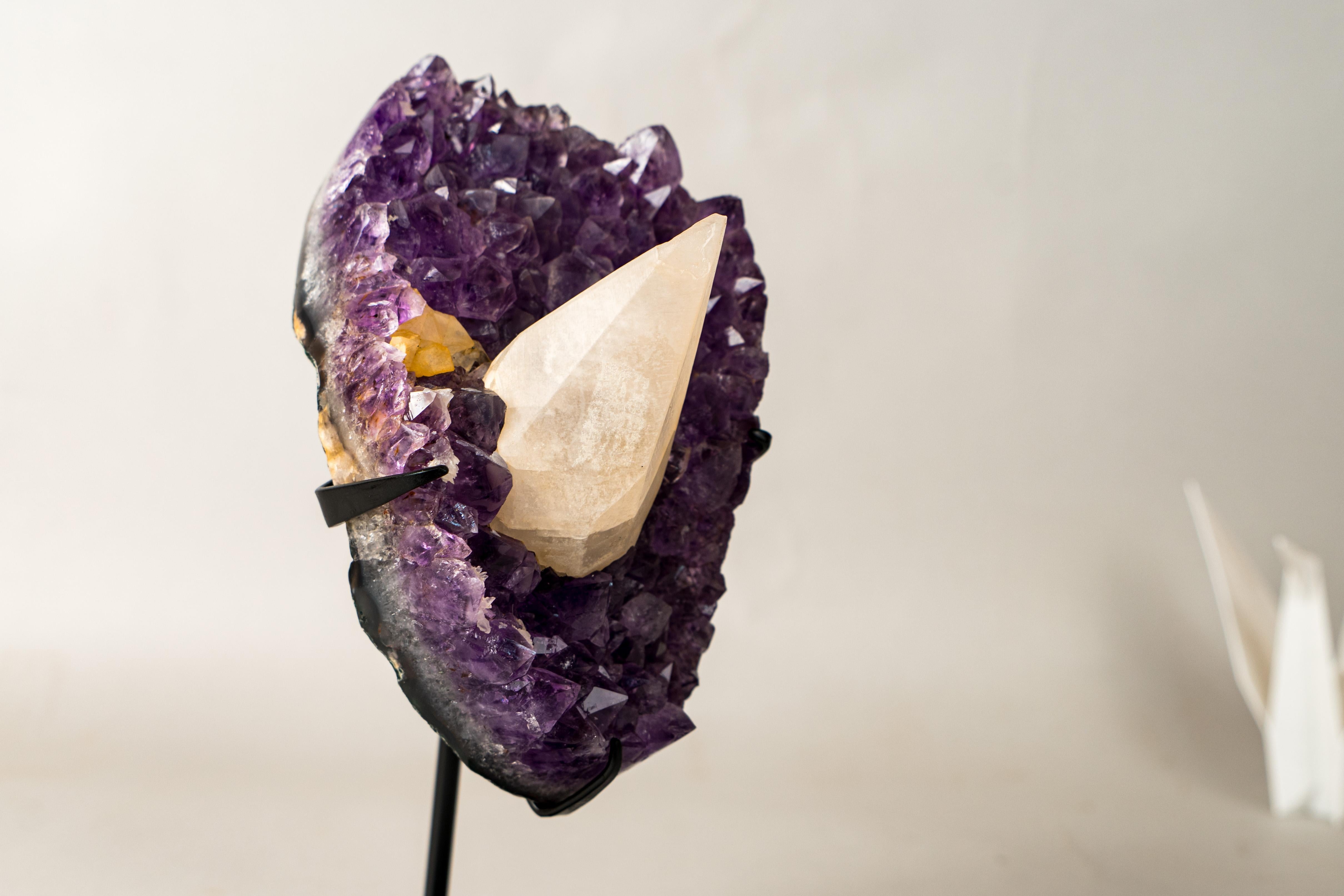 Crystal UV-Reactive Calcite on Brazilian Purple Amethyst Cluster For Sale