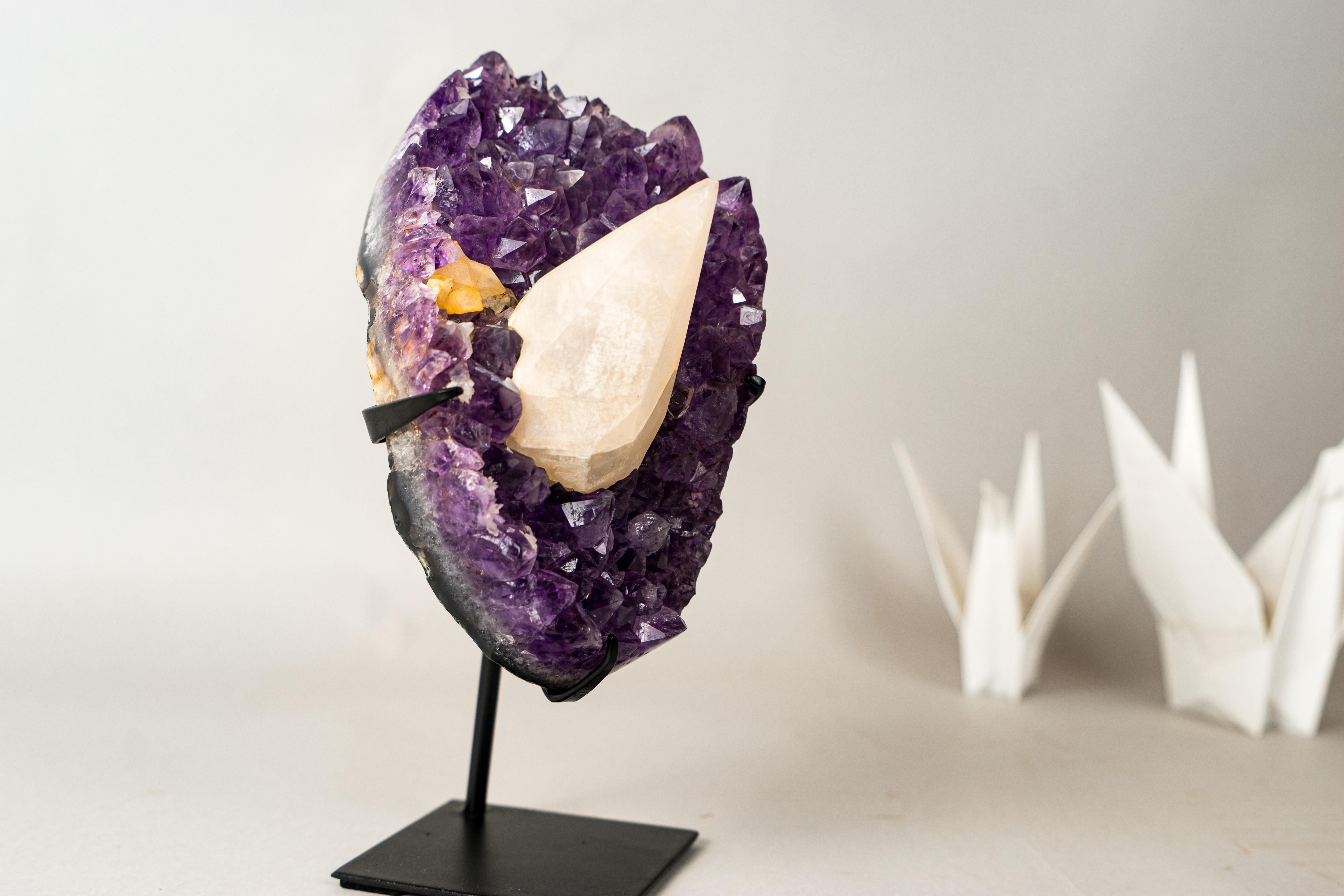 UV-Reactive Calcite on Brazilian Purple Amethyst Cluster For Sale 1