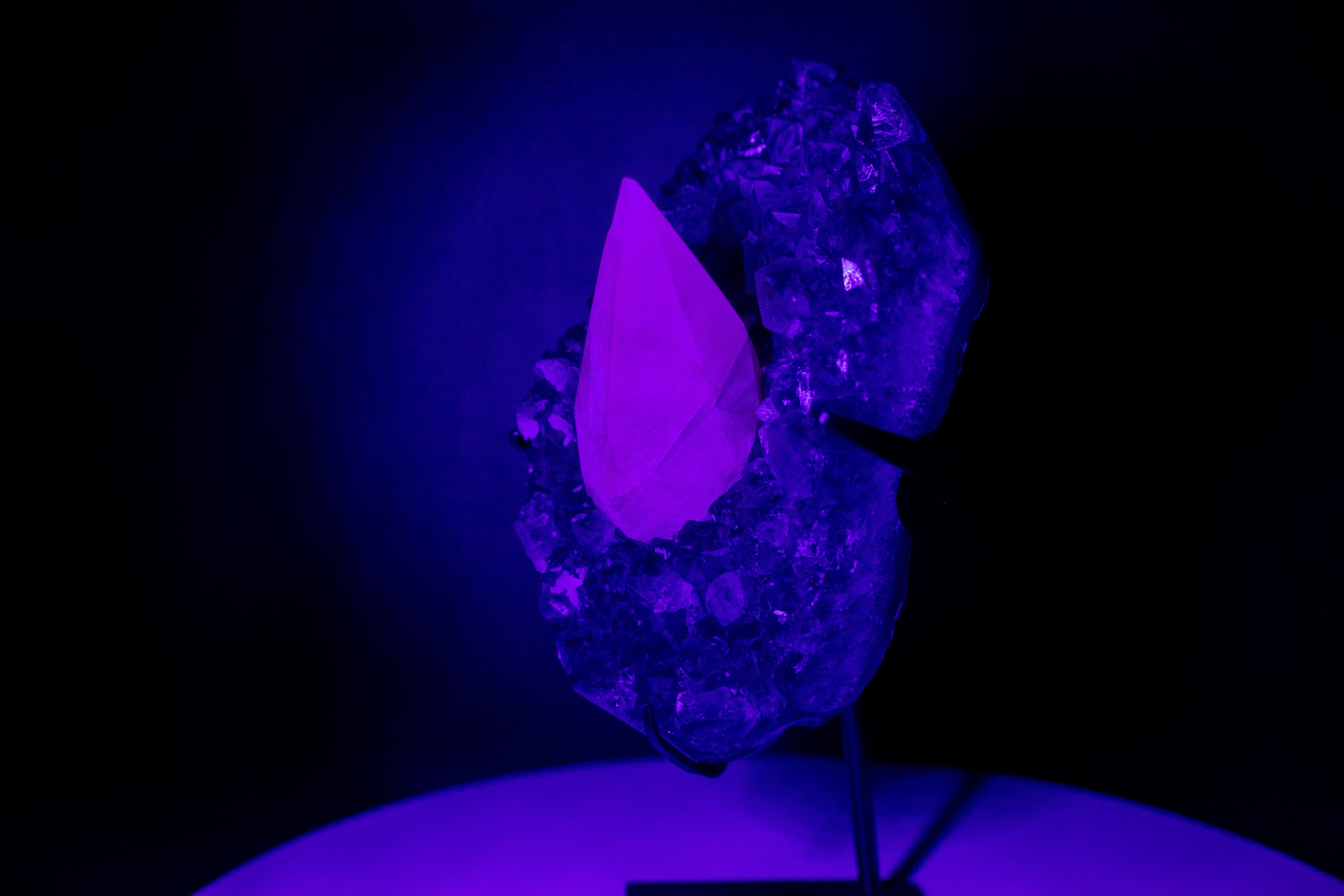 UV-Reactive Calcite on Brazilian Purple Amethyst Cluster For Sale 2