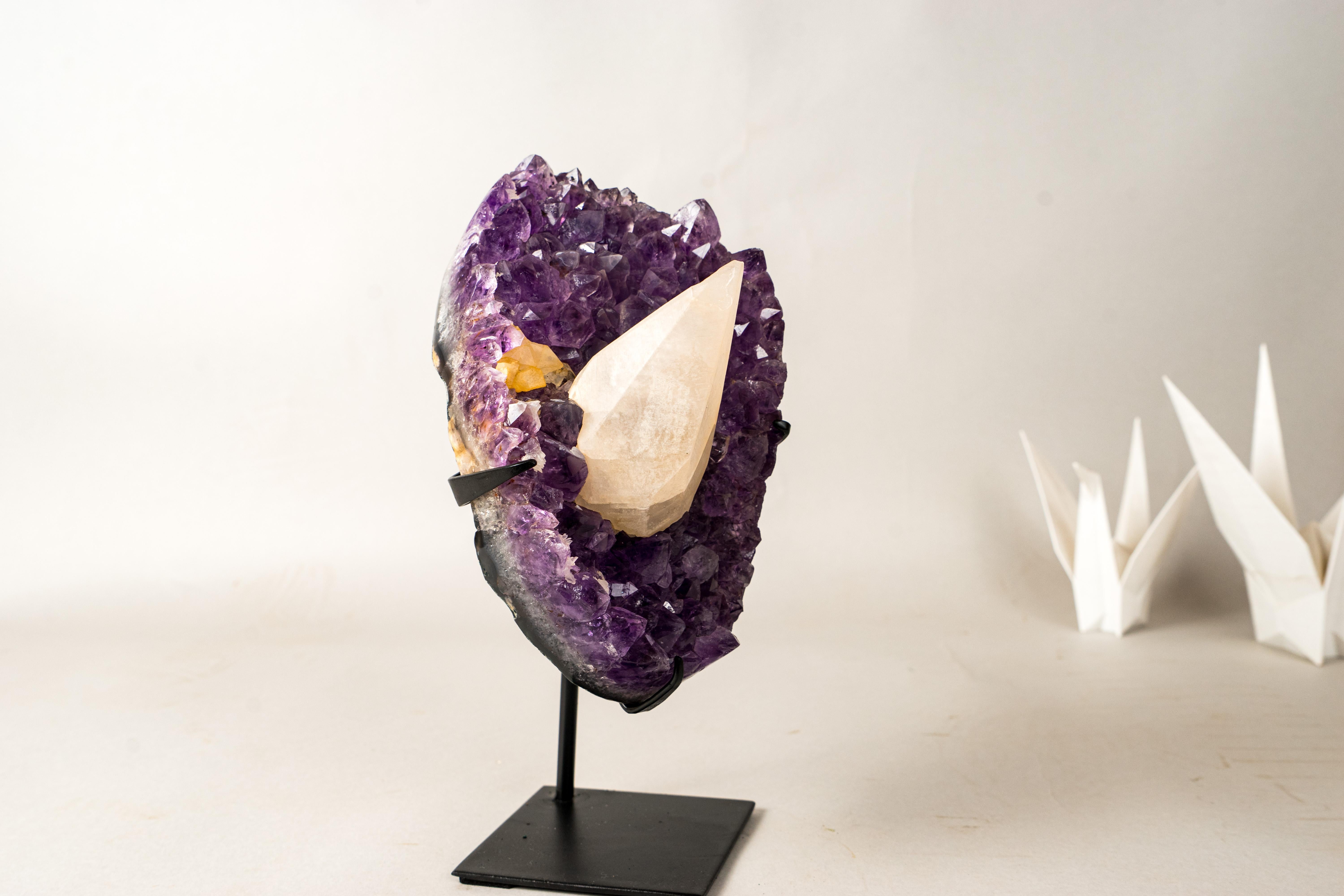 UV-Reactive Calcite on Brazilian Purple Amethyst Cluster For Sale 4