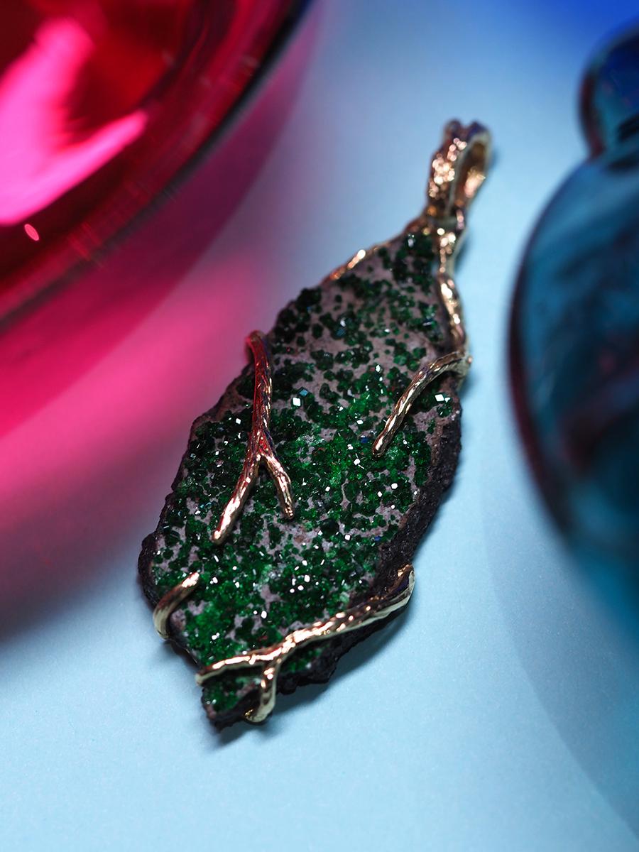 Uvarovite Gold Pendant Dark Green Garnet Raw Gem Unisex Hobbit Necklace  For Sale 2