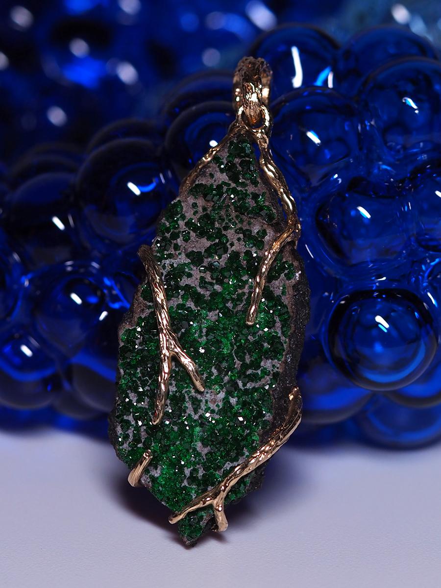 Uncut Uvarovite Gold Pendant Dark Green Garnet Raw Gem Unisex Hobbit Necklace  For Sale