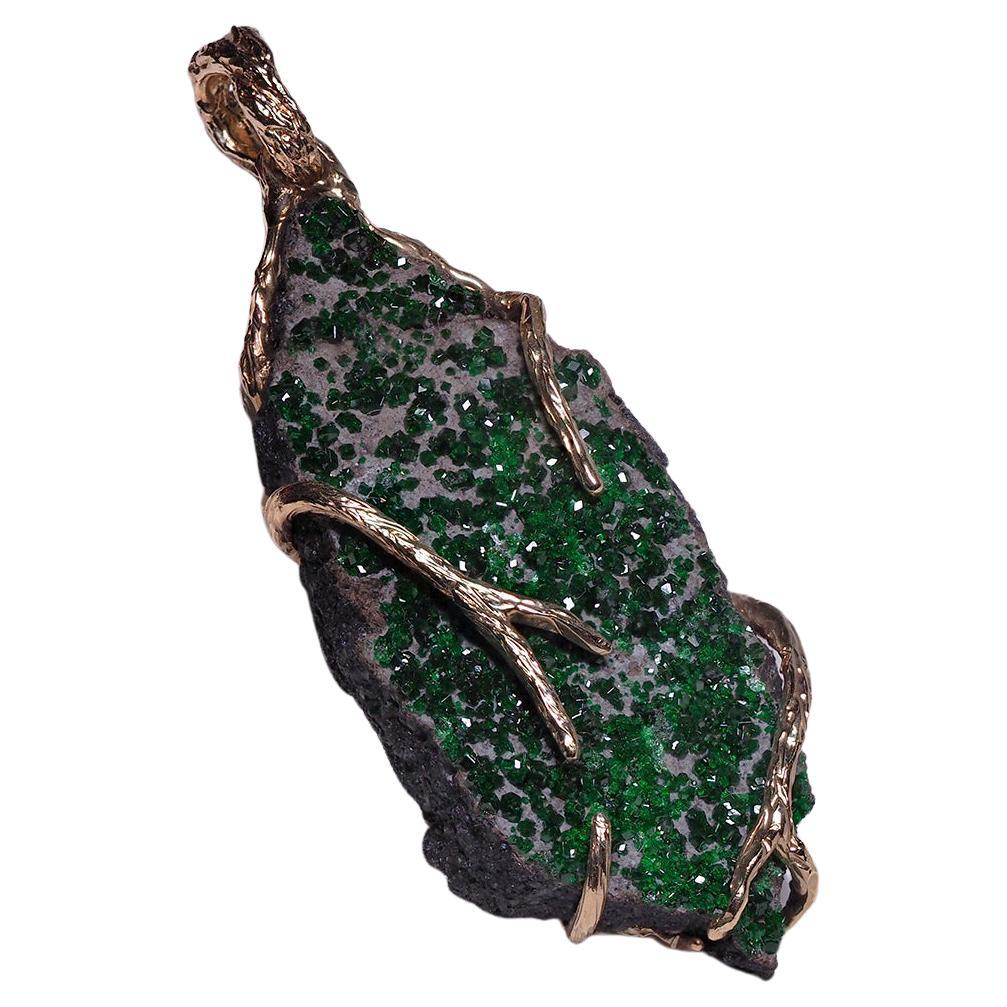 Uvarovite Gold Pendant Dark Green Garnet Raw Gem Unisex Hobbit Necklace  For Sale