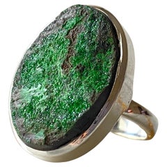 Uvarovite green garnet silver ring, sparkle green garnet