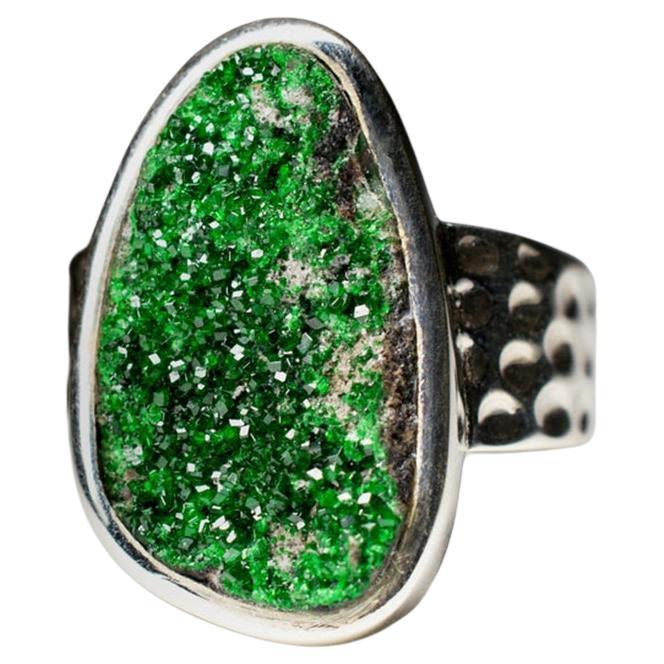 Uvarovite silver ring big natural raw green garnet crystal fine jewelry unisex For Sale