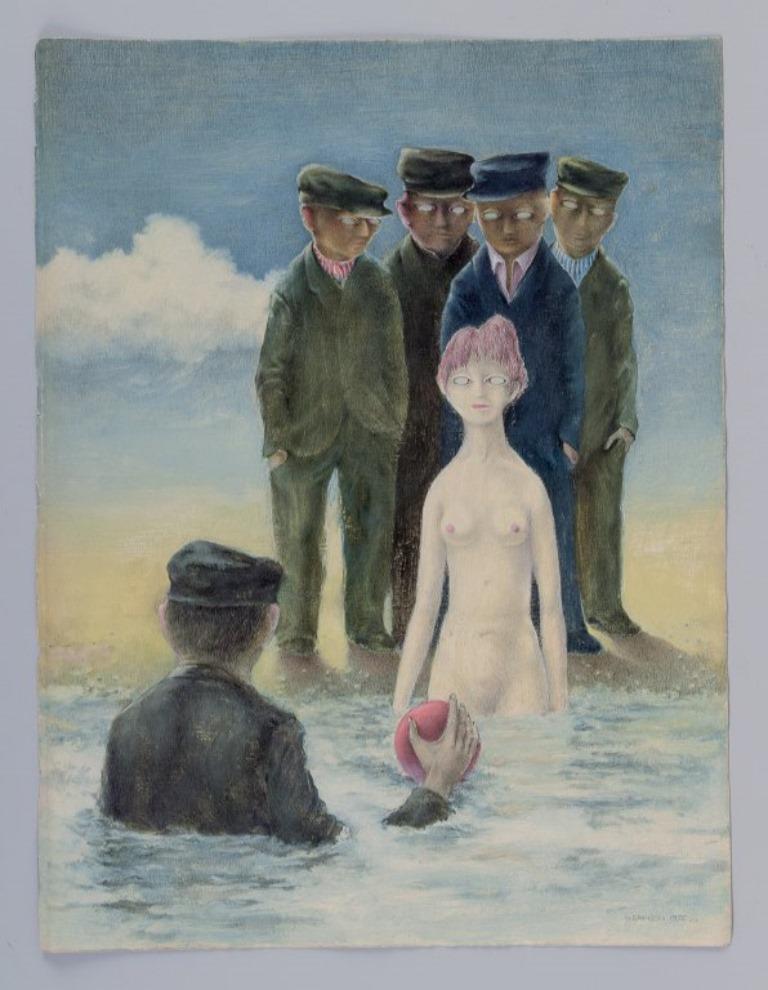 Uwe Bahnsen (1930-2013), German artist. 
Oil on paper.
Surrealist painting with figures.
Signed in pencil.
Dated 1975.
In perfect condition.
Dimensions: W 27.0 cm x H 35.8 cm.