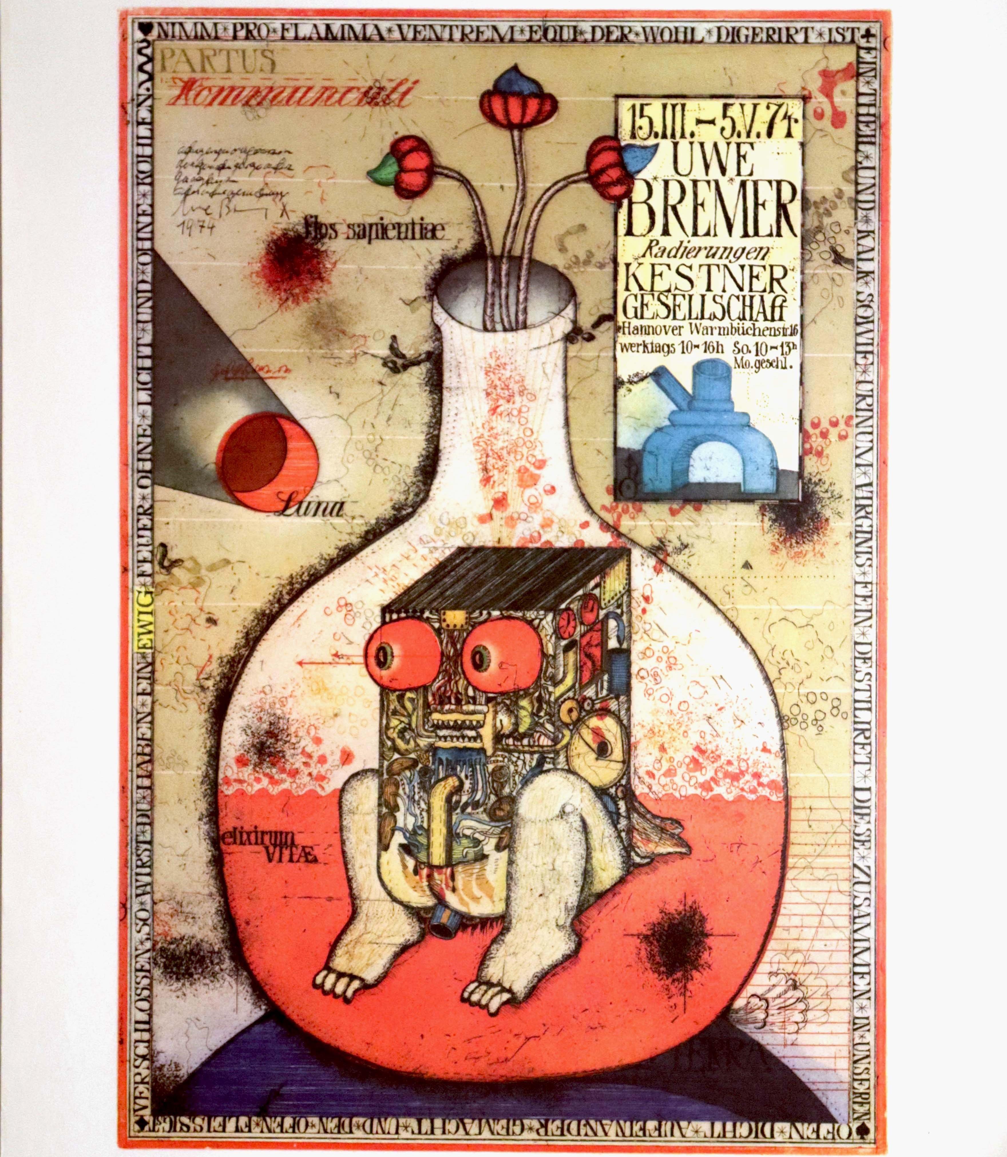 Original vintage advertising poster for an exhibition of etchings and artwork by the German fantastic realist painter and graphic artist Uwe Bremer (b.1940) at the Kestner Society in Hannover from 15 March to 5 May 1974 featuring a surreal design of