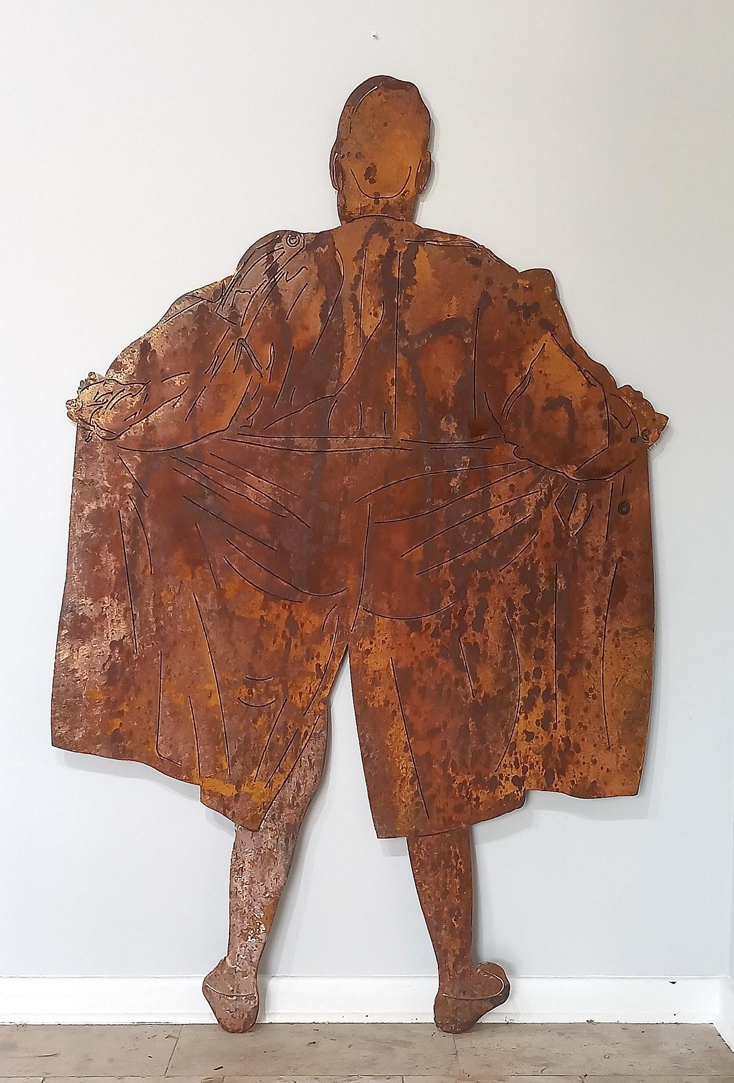 Uwe Pfaff Figurative Sculpture - Large Limited Edition Rusted Steel Wall Mounted Sculpture "Female Flasher"