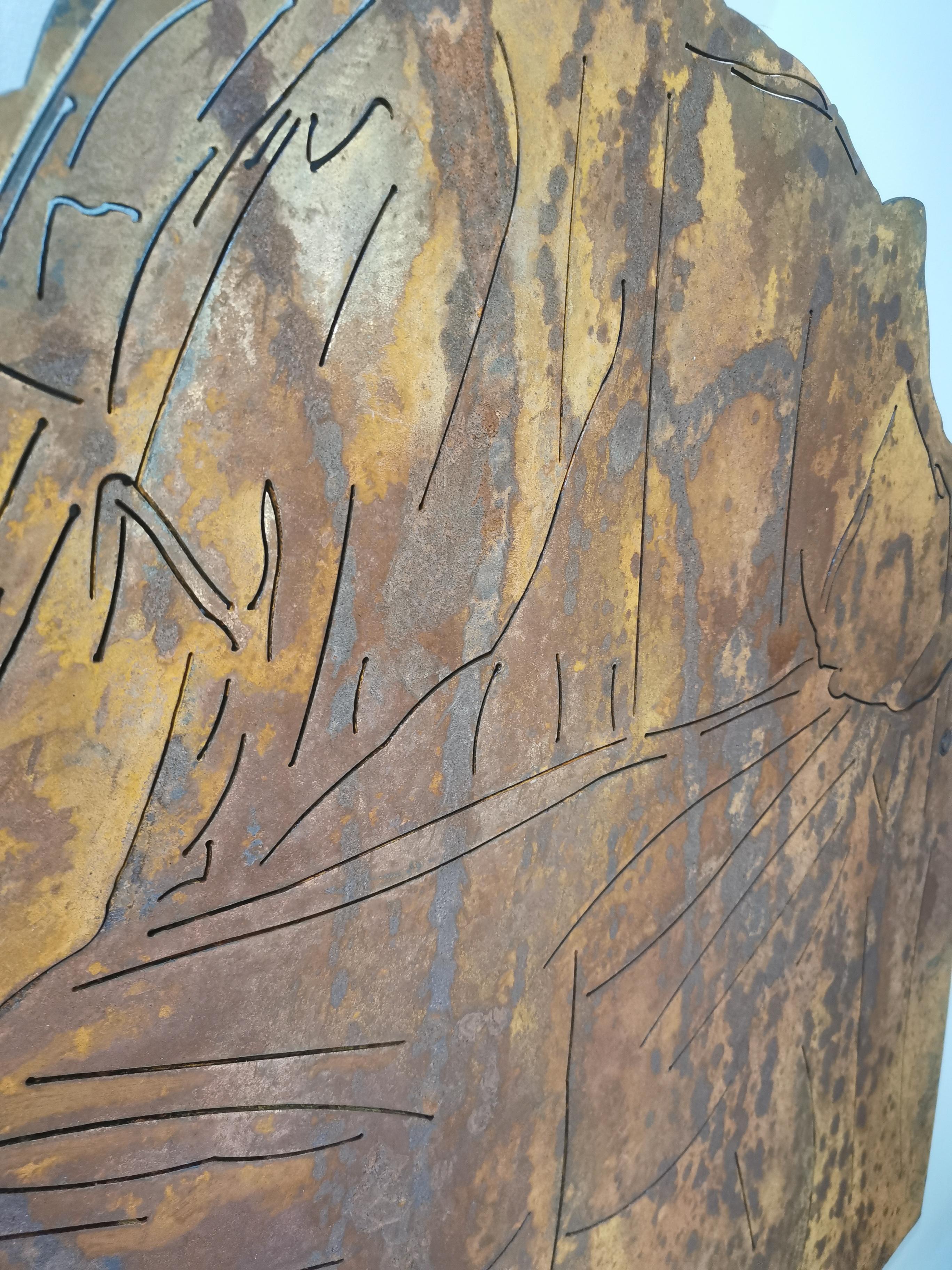 A life size, wall-mounted rusted steel sculpture, edition 3/5.  The artwork is hung on a wall with wire string at the back, and stands approximately 30mm away from the wall. It can be kept both indoors or outdoors.
