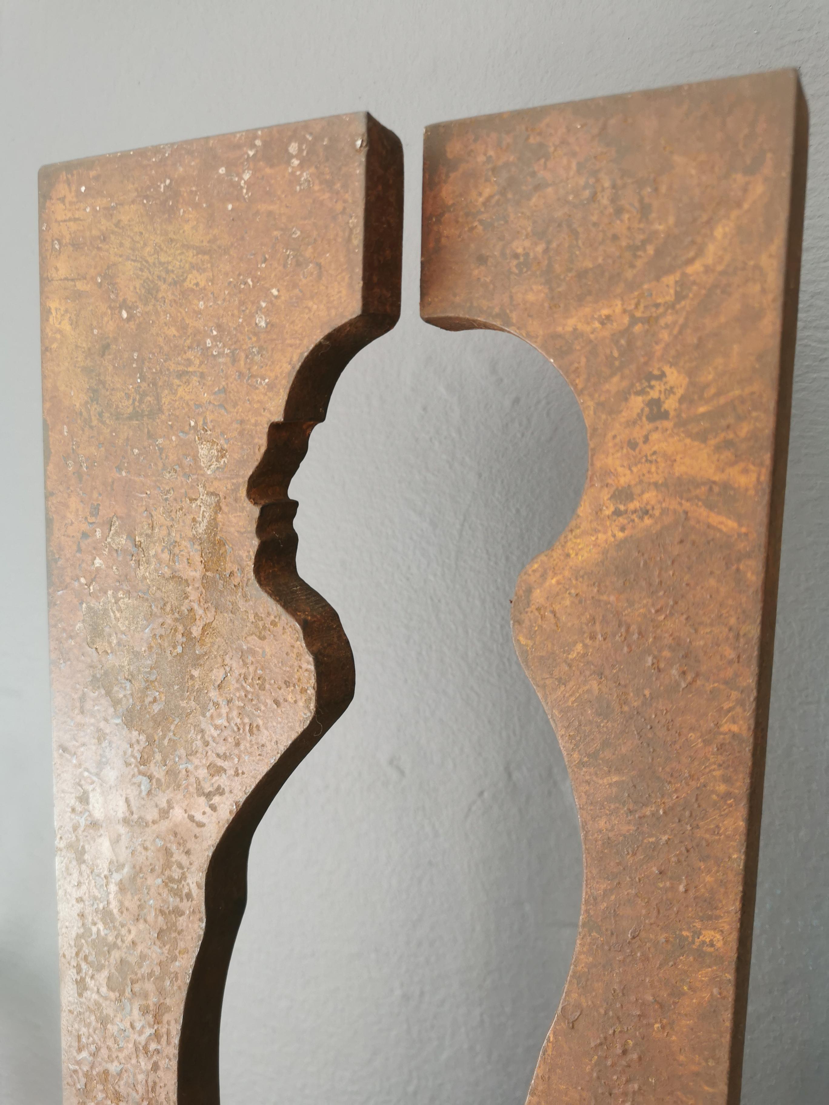 A medium sized, limited edition, abstracted figurative rusted steel sculpture on rusted steel base.  10mm thick steel. Edition 1/3. 