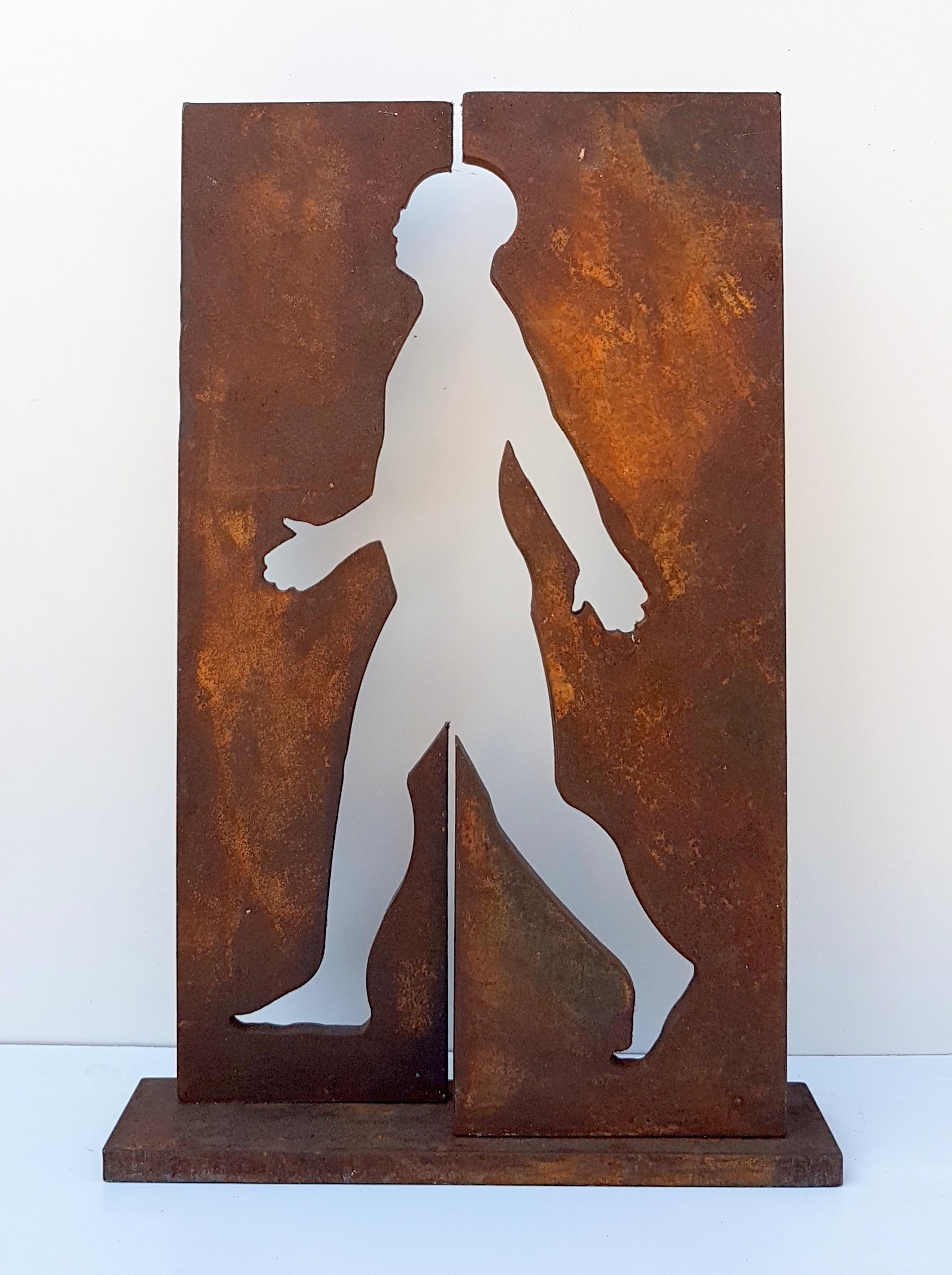 Uwe Pfaff Figurative Sculpture - Limited Edition Medium Sized Rusted Steel Sculpture "Split Strider"