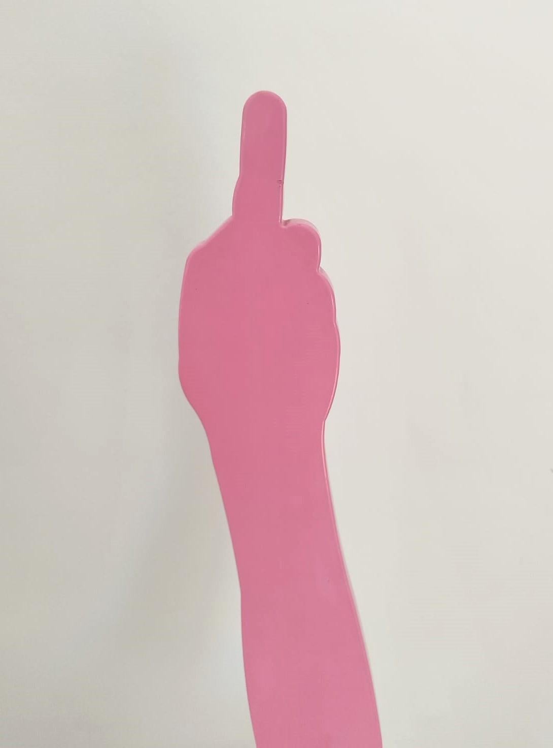 Eine Skulptur aus rosa pulverbeschichtetem Baustahl in limitierter Auflage auf einem schwarzen Stahlsockel. Die Skulptur ist typisch für Uwe Pfaffs augenzwinkernde Herangehensweise und stellt einen menschlichen Arm dar, der den Mittelfinger zeigt.