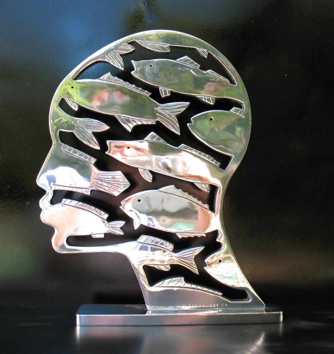 Uwe Pfaff Abstract Sculpture - Limited Edition Nickel Plated Steel Sculpture "School of Thought"
