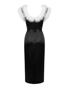 Uzanel Paris 1980s Black Satin Dress — White Feather Trim & Crystal Belt
