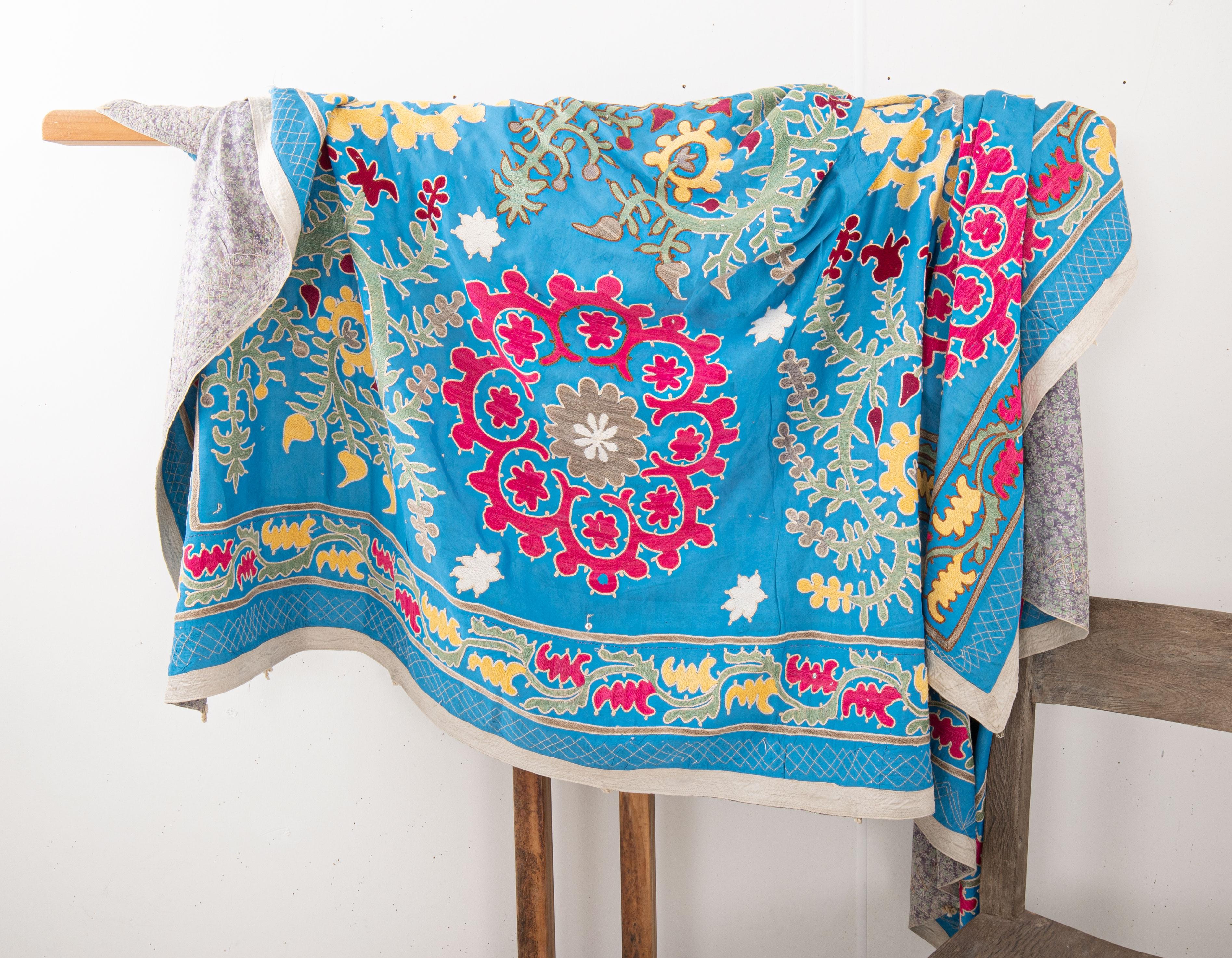 Cotton Uzbek Blue Suzani, cotton on Rayon background fabric, mid 20th C. For Sale