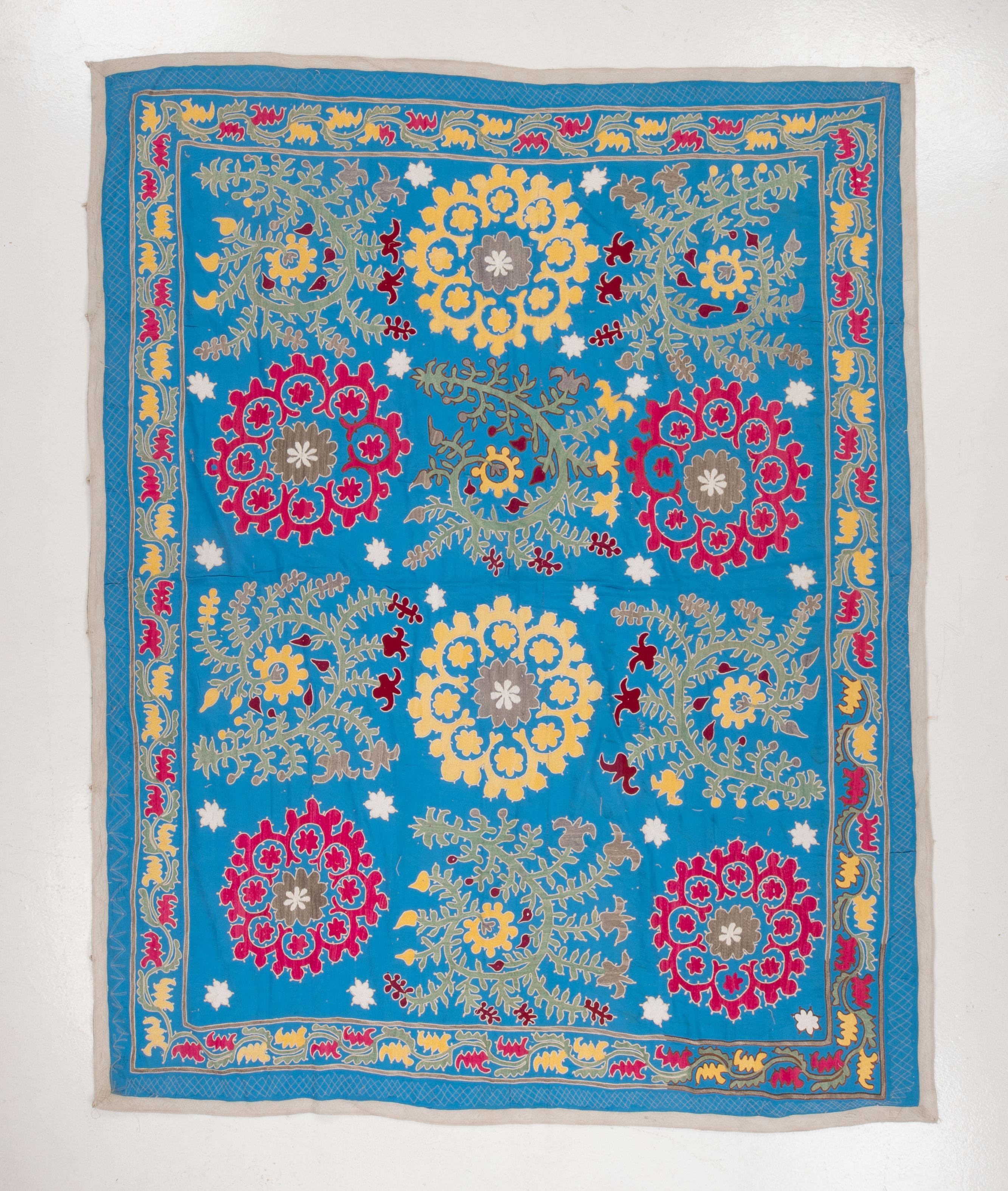 Uzbek Blue Suzani, cotton on Rayon background fabric, mid 20th C. For Sale 1