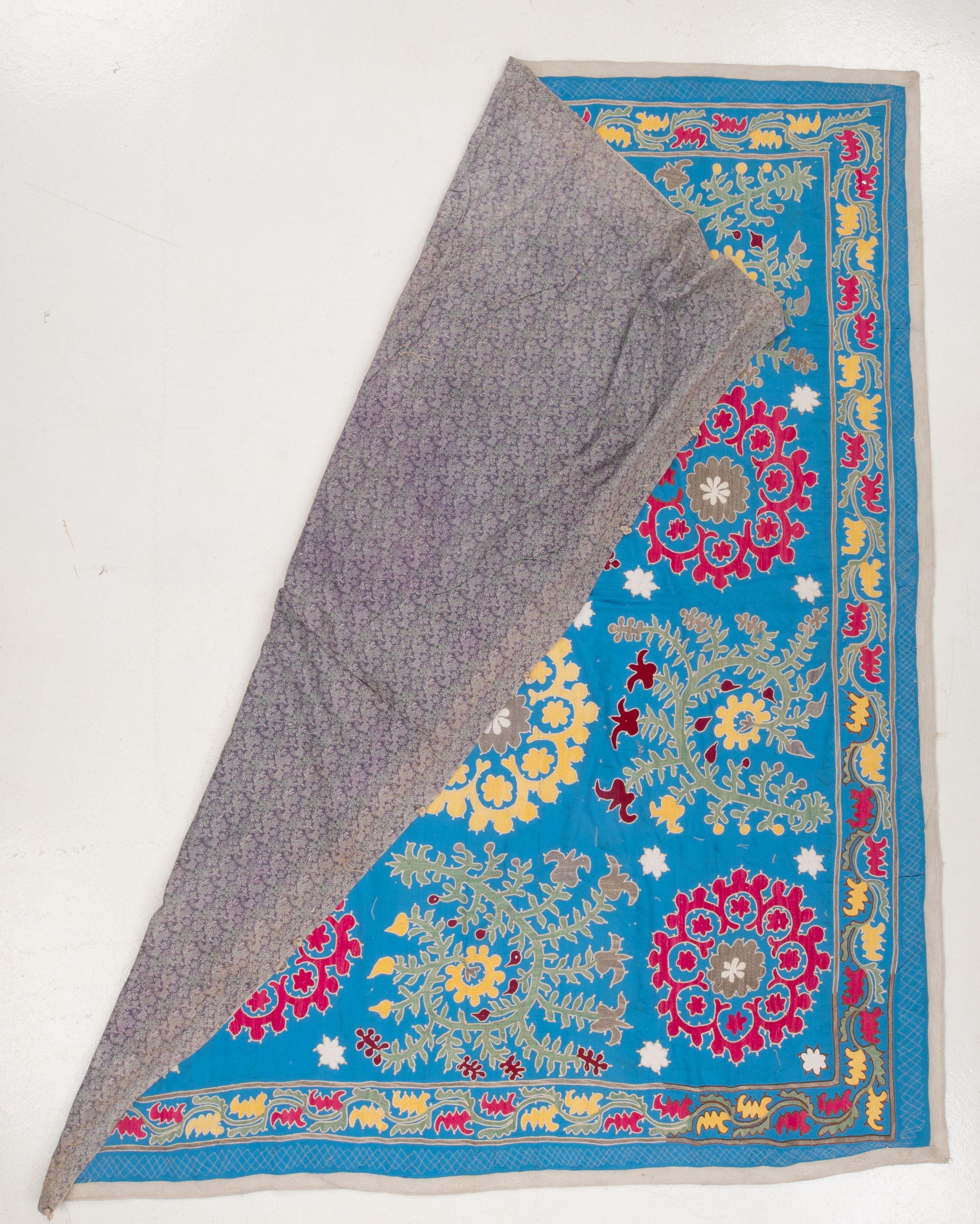 Uzbek Blue Suzani, cotton on Rayon background fabric, mid 20th C. For Sale 2