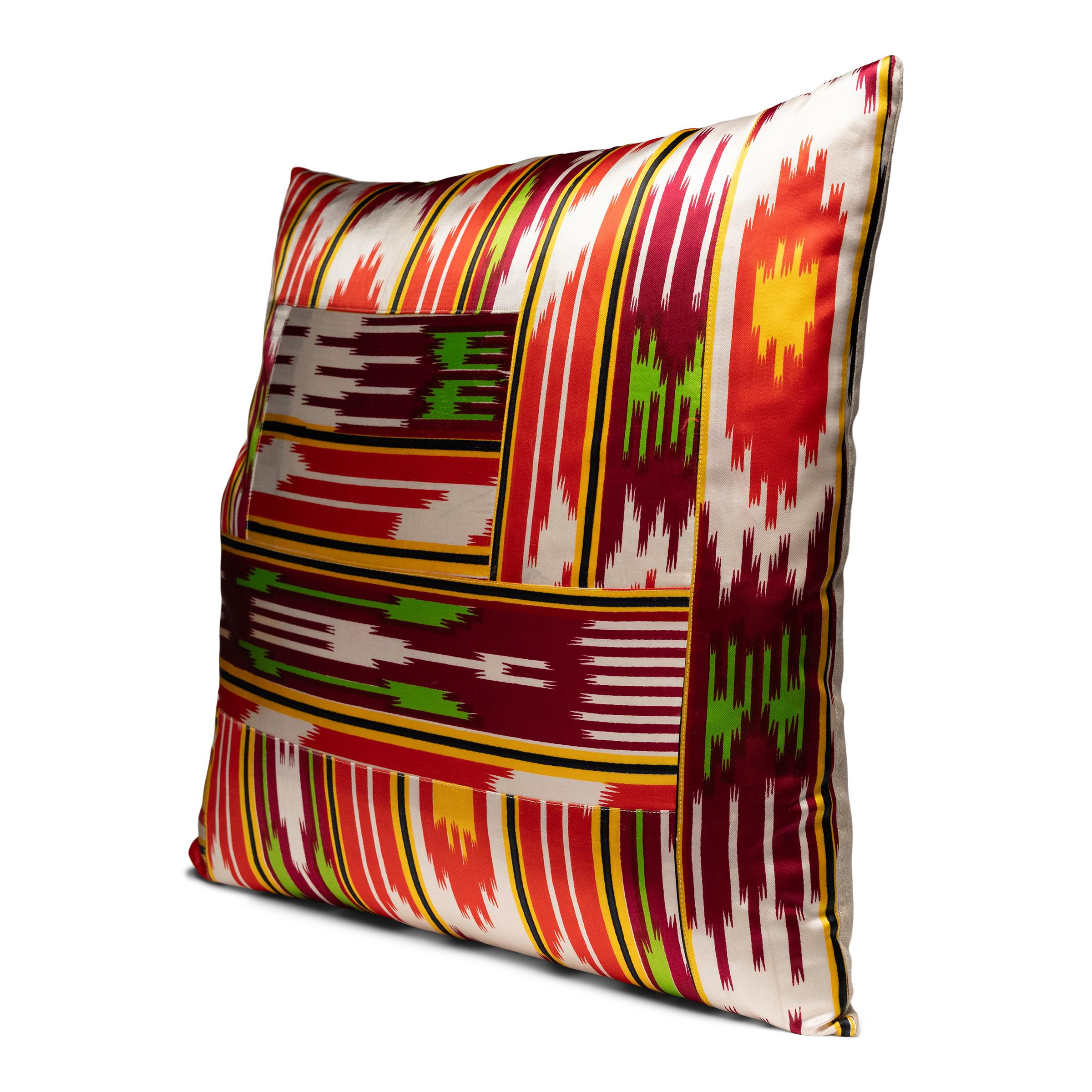 Folk Art Uzbek Ikat Silk Patchwork Pillow For Sale