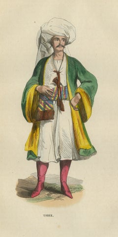 Uzbek Man of Central Asia, Antique Hand-Colored Ethnographic Print, 1854