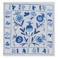 Uzbek Suzani Hand Embroidery Silk Cushion Cover in Cream and Blue Color