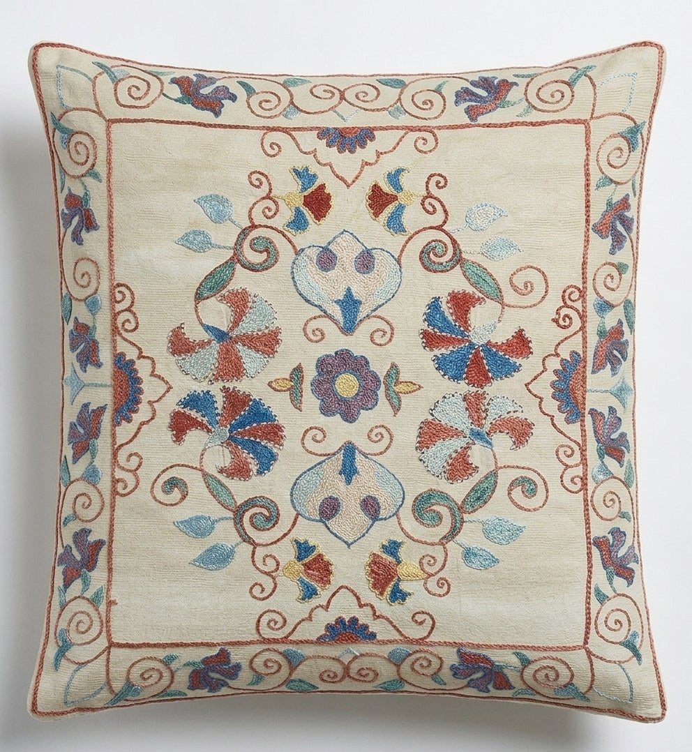 19"x21" Traditional Handmade Throw Pillow, Embroidered 100% Silk Cushion Cover