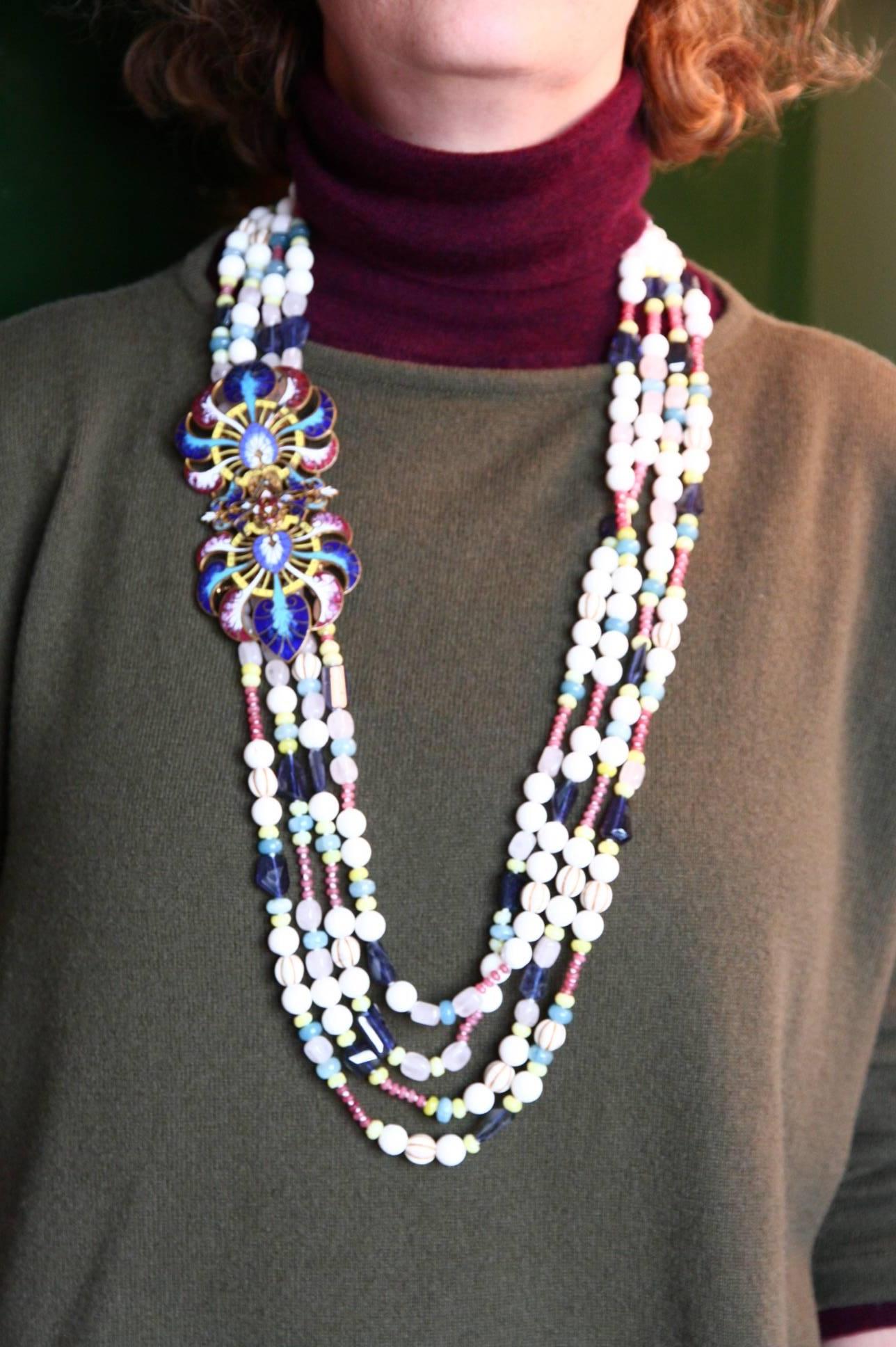 Women's or Men's Uzbekistan Enamel Turquoise Rodocrosite Agate Long Rainbow Necklace For Sale