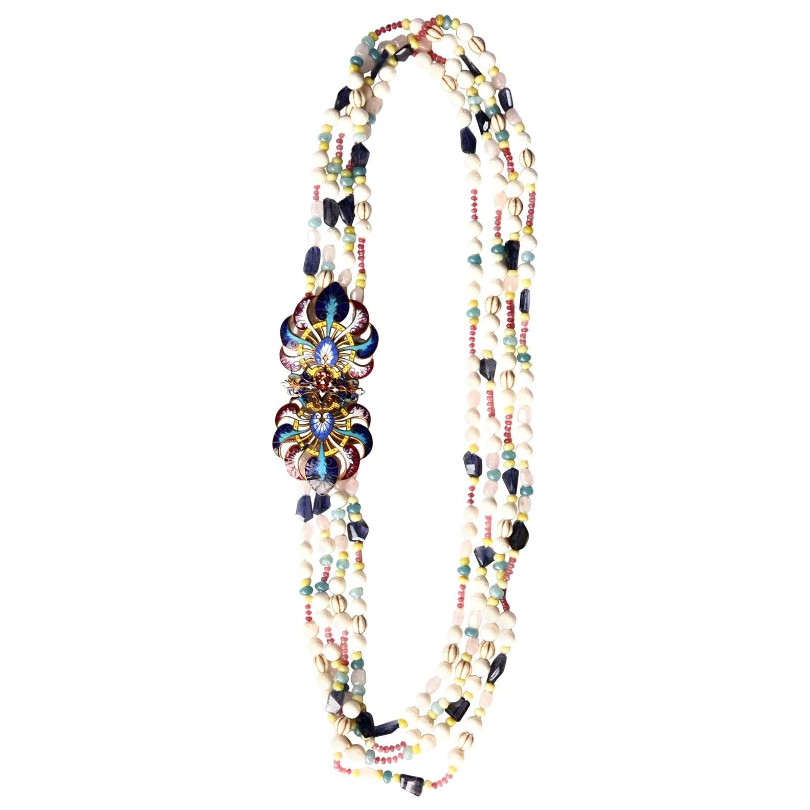 lange Regenbogen-Halskette aus Uzbekistan-Emaille mit türkisem Rodocrosite-Achat im Angebot