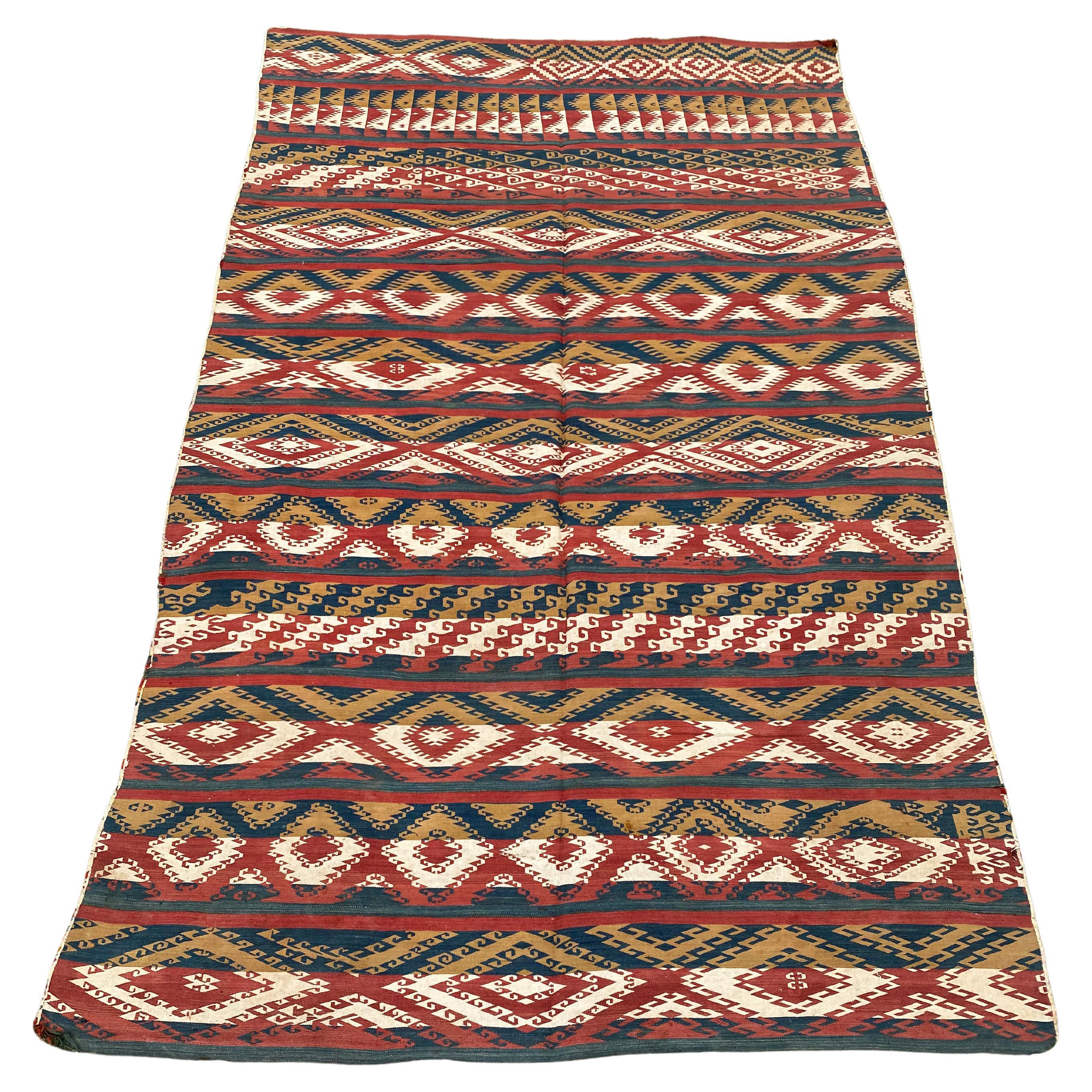 Uzbekistan Ghudjeri Tribal Kilim Rug from Wool, Room Size, Early 20th Century For Sale