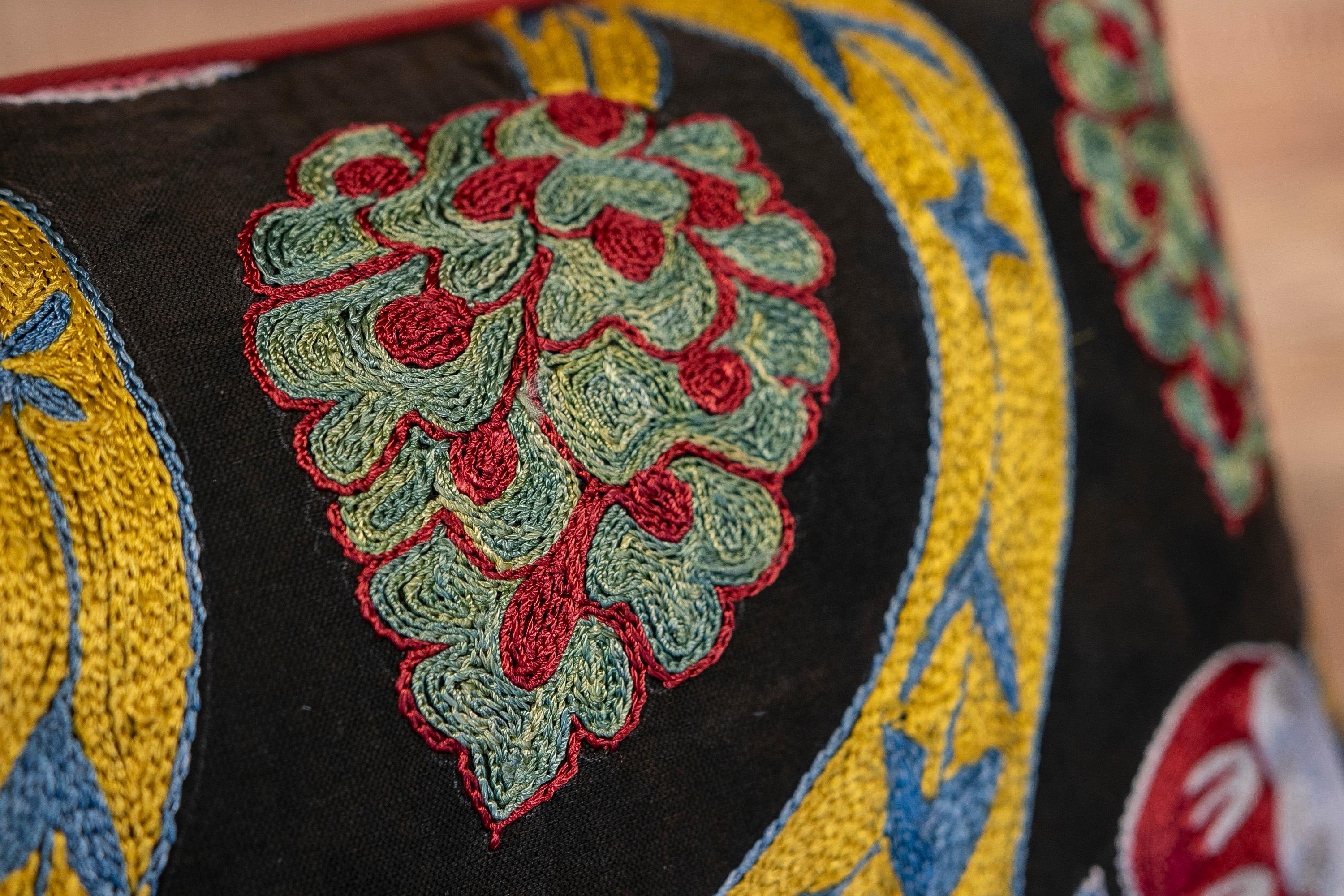 Uzbekistan Suzani Cushion Made of Silk and Cotton Fabric in Bright Colours 7