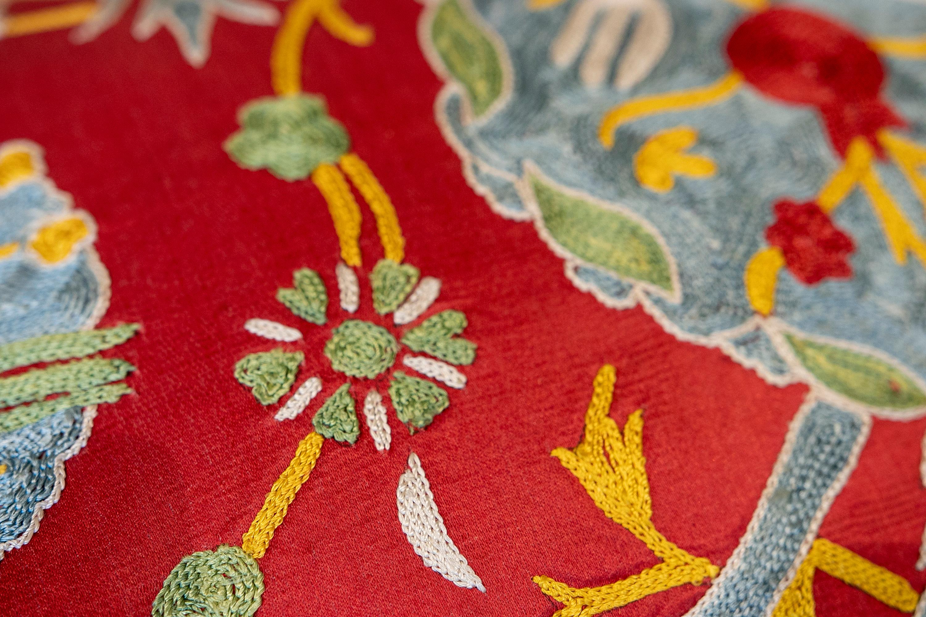 Uzbekistan Suzani Cushion Made of Silk and Cotton Fabric in Bright Colours 11