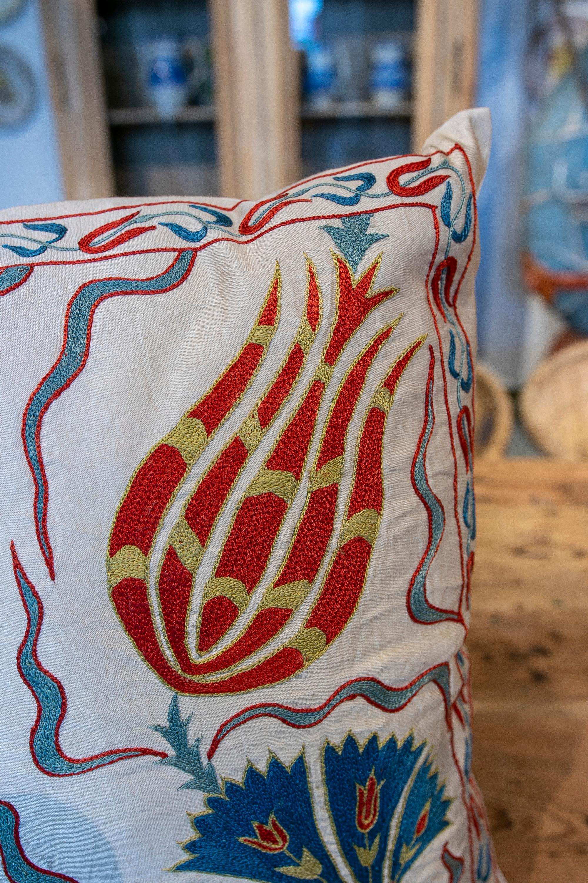 20th Century Uzbekistan Suzani Cushion Made of Silk and Cotton Fabric in Bright Colours