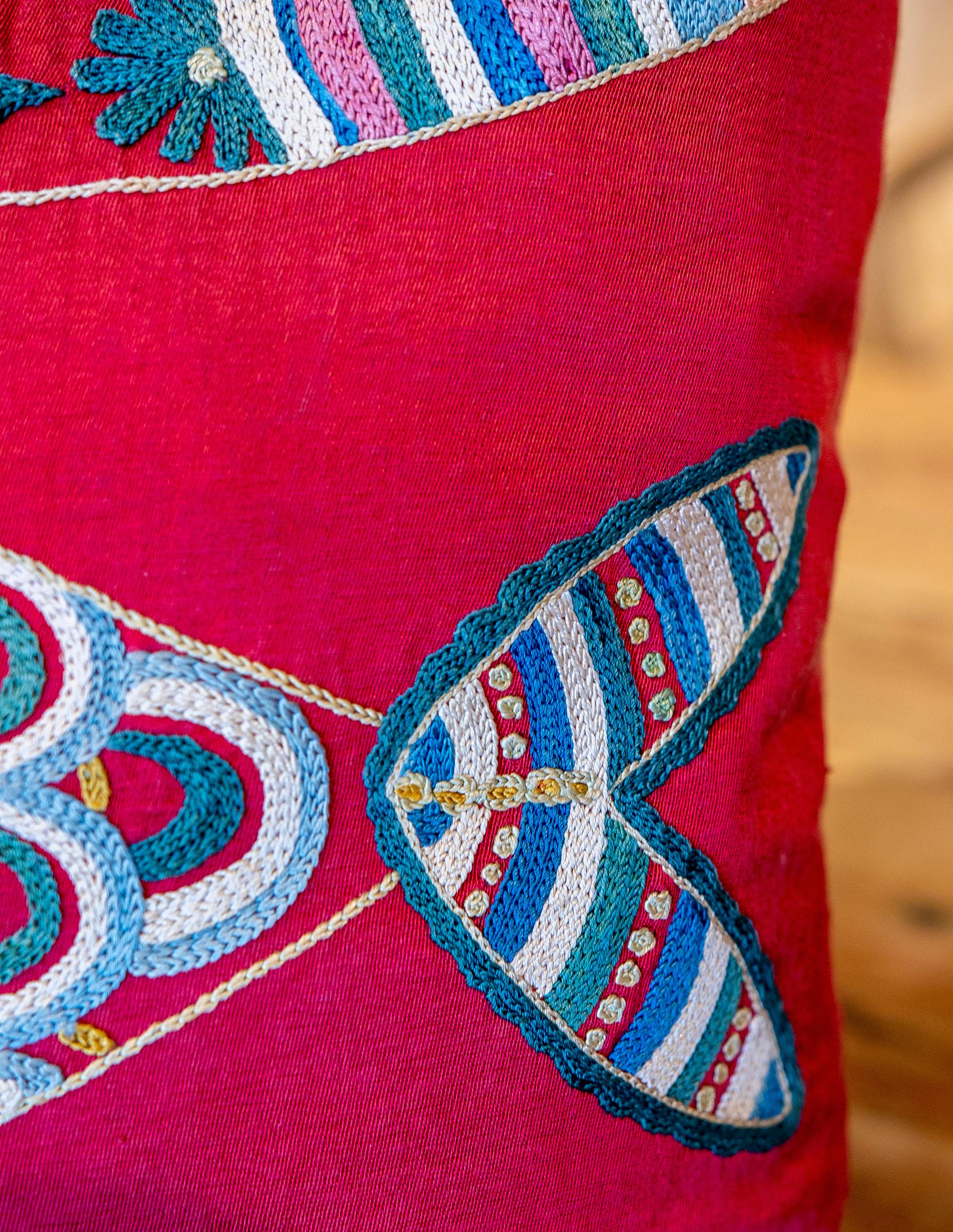 20th Century Uzbekistan Suzani Cushion made of Silk and Cotton Fabric in Bright Colours