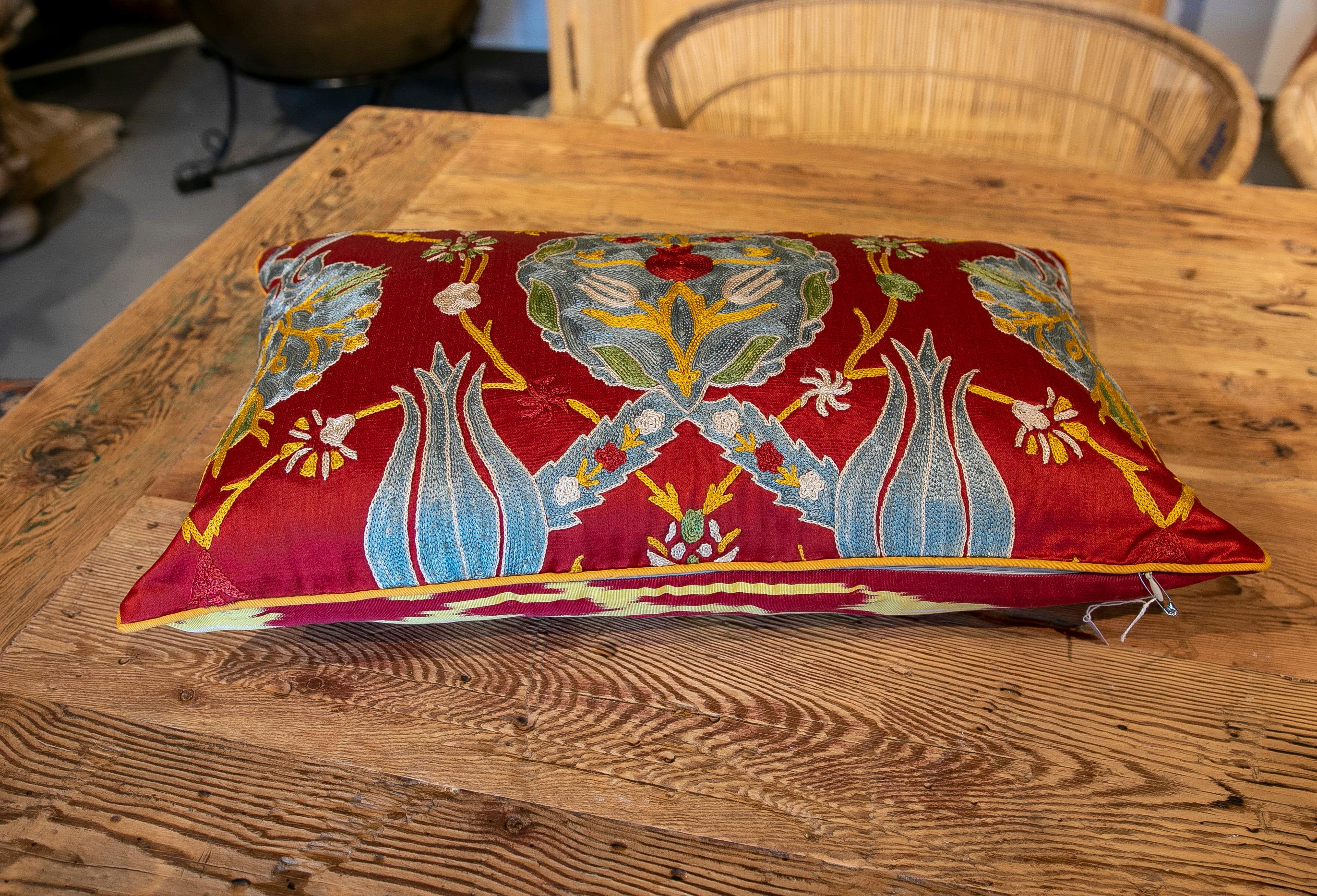20th Century Uzbekistan Suzani Cushion Made of Silk and Cotton Fabric in Bright Colours