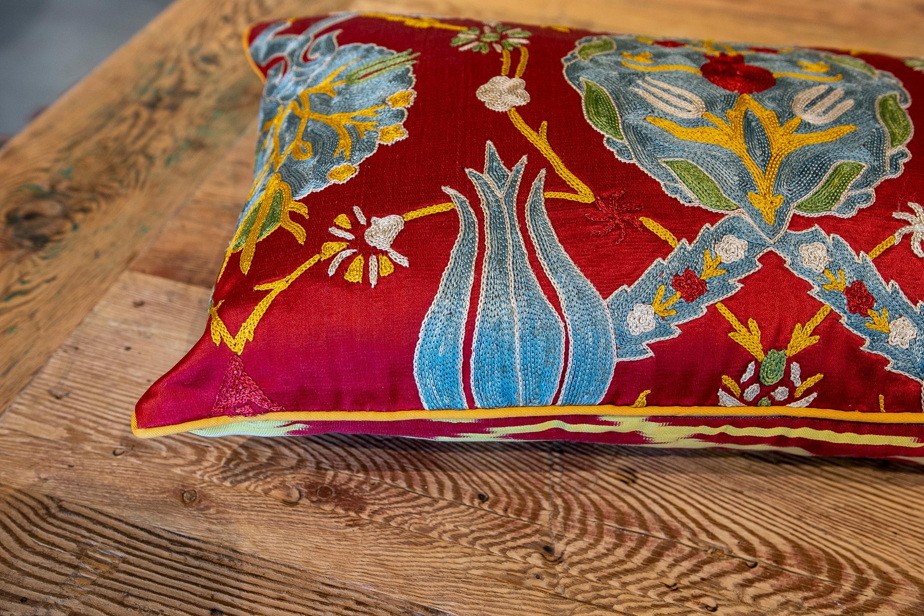 Uzbekistan Suzani Cushion Made of Silk and Cotton Fabric in Bright Colours 1