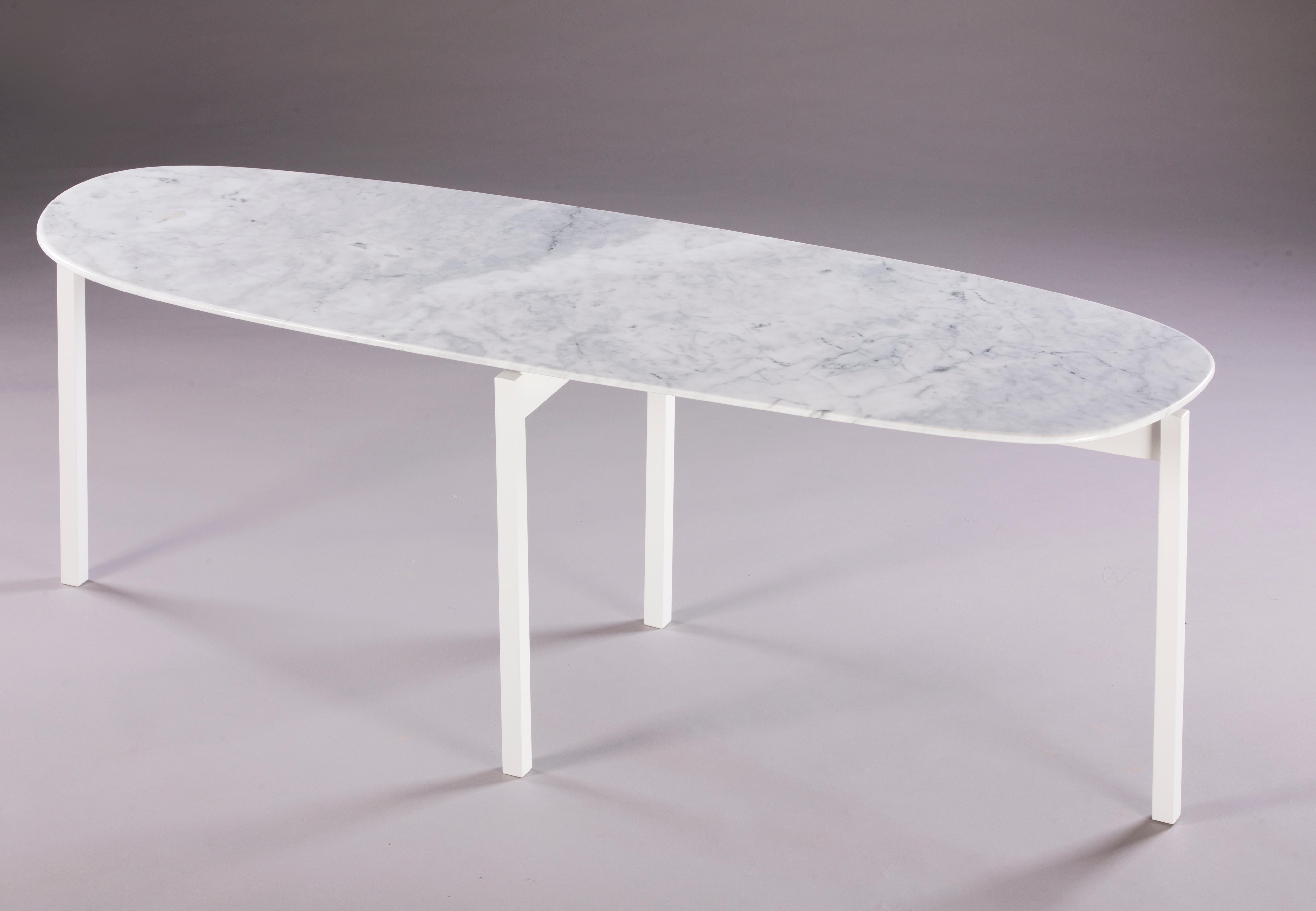 Uzun Tas coffee table by Rectangle Studio
Dimensions: W 120 x D 40 x H 43 cm 
Materials: White marble, white paint coating on metal

Tas_Uzun Sehpa was shaped and finished by the marble table designer.
For this reason, each table has different