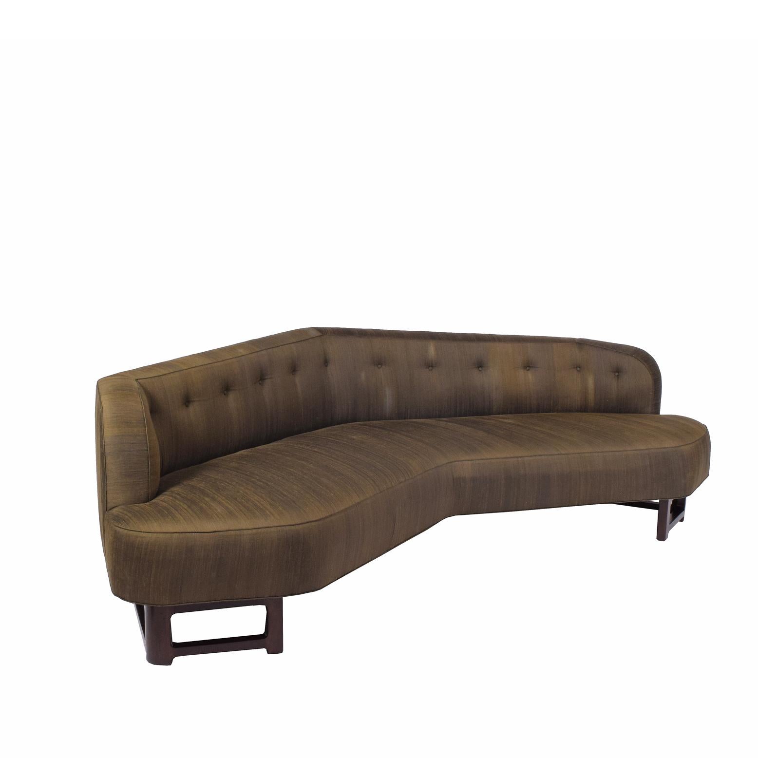 V-angle sofa design by Edward Wormley for Dunbar upholstery in silk fabric on solid mahogany frame original condition.